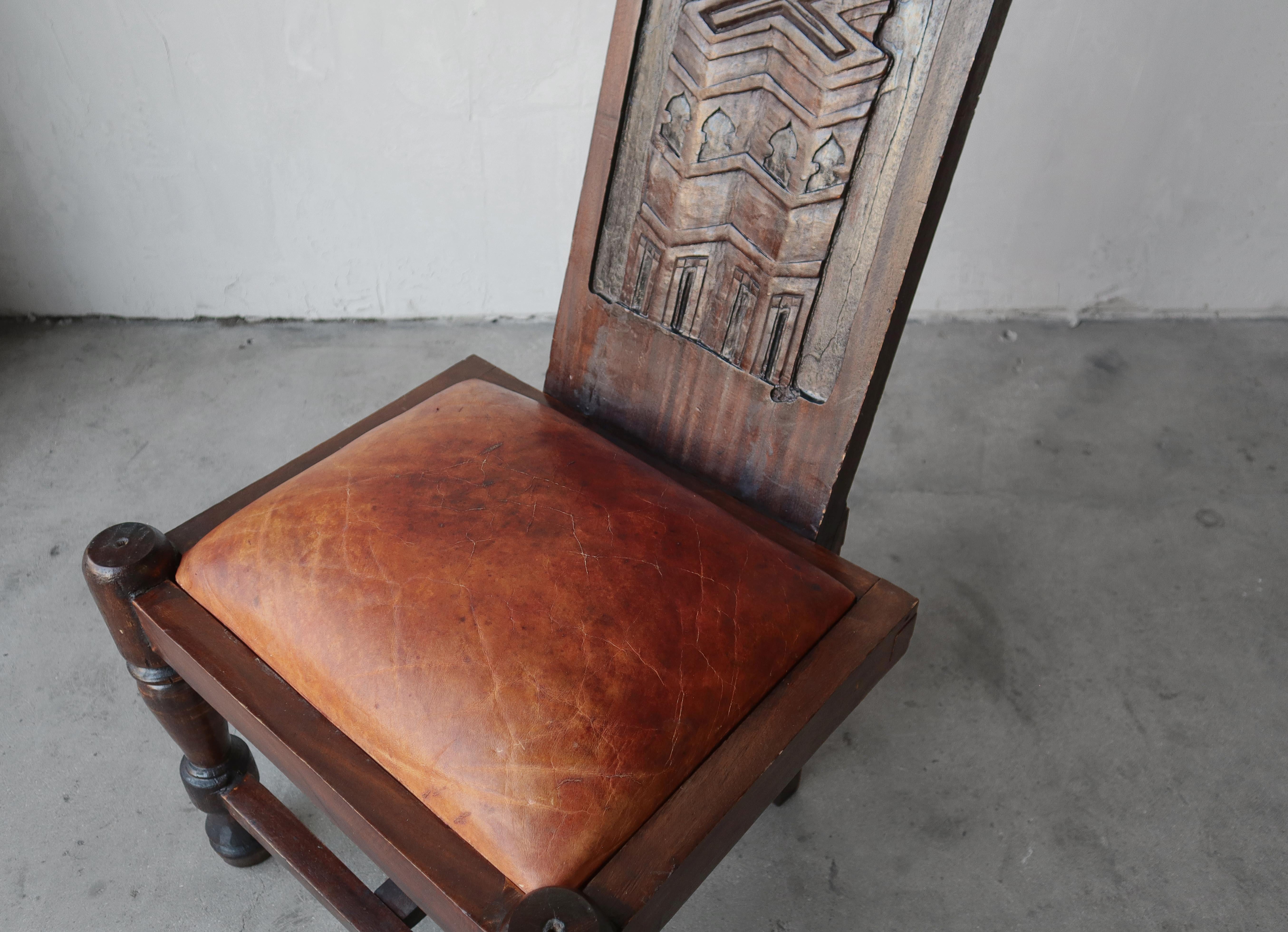 Primitive Hand Carved Wood and Leather Chairs For Sale 14