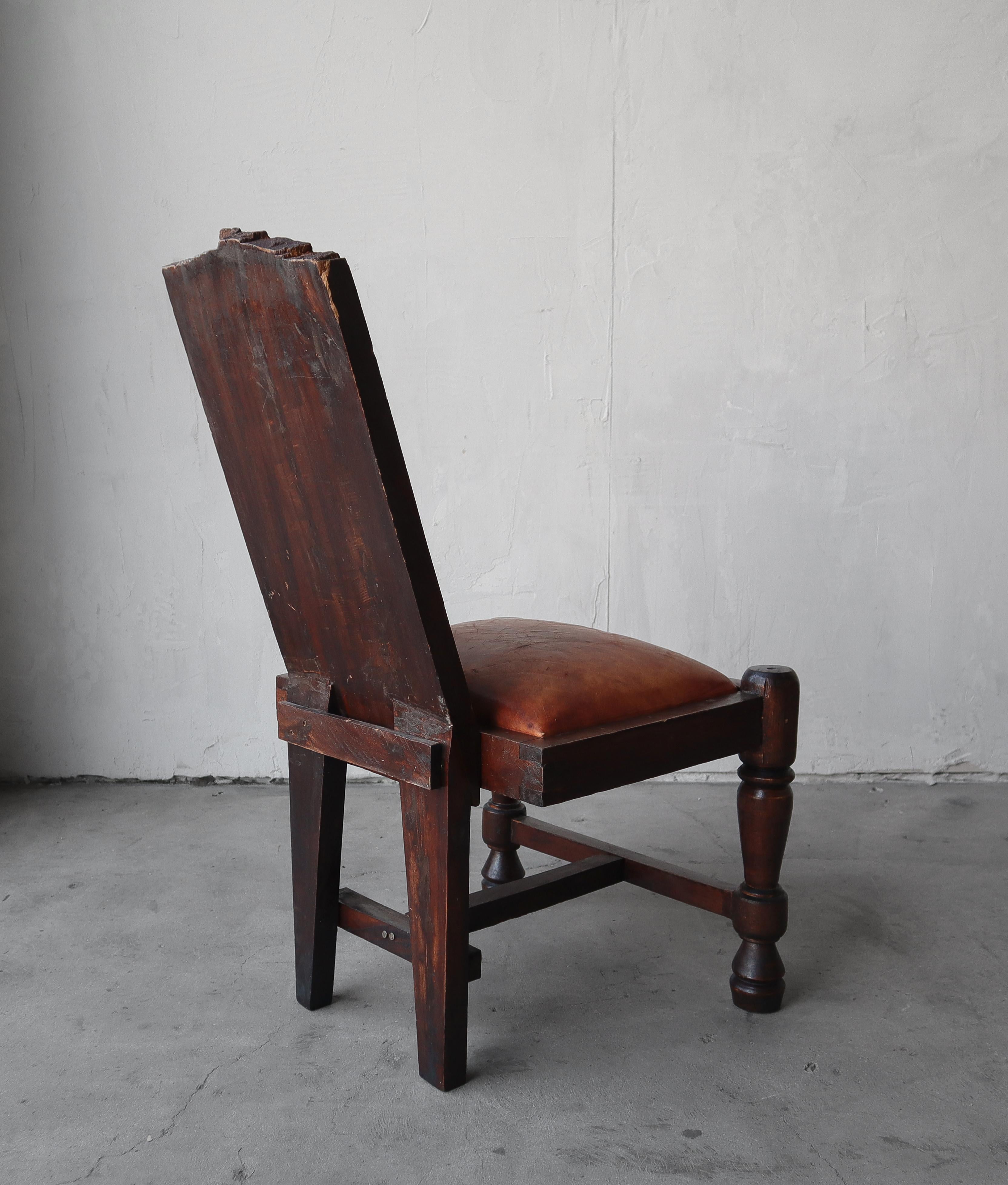 Primitive Hand Carved Wood and Leather Chairs For Sale 16