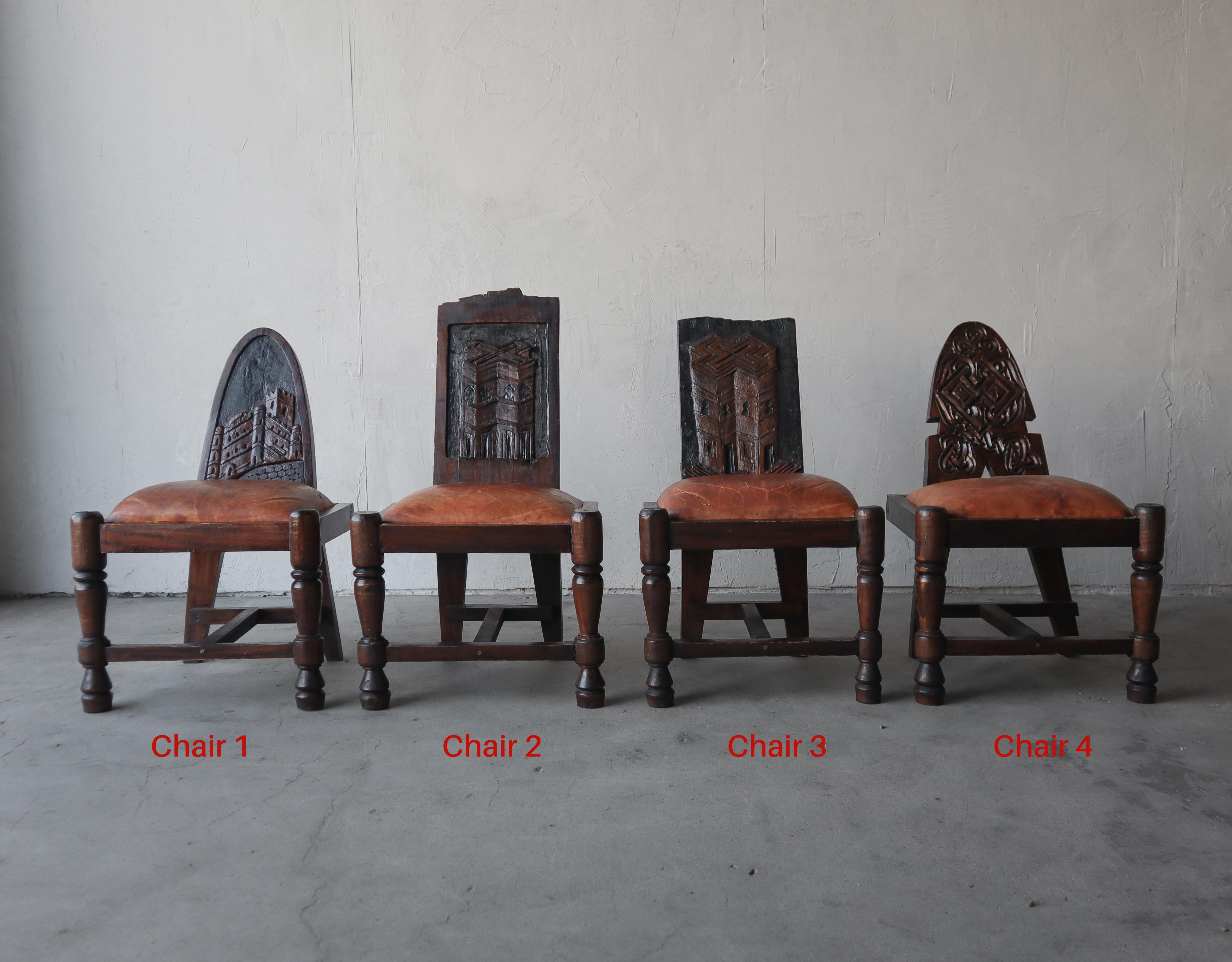 Price is per chair.

Great primitive handmade carved wood and patinated leather chairs. Perfect accent pieces. 

These chairs are super old with all those great primitive details. The leather is beautifully patinaed and the chairs are