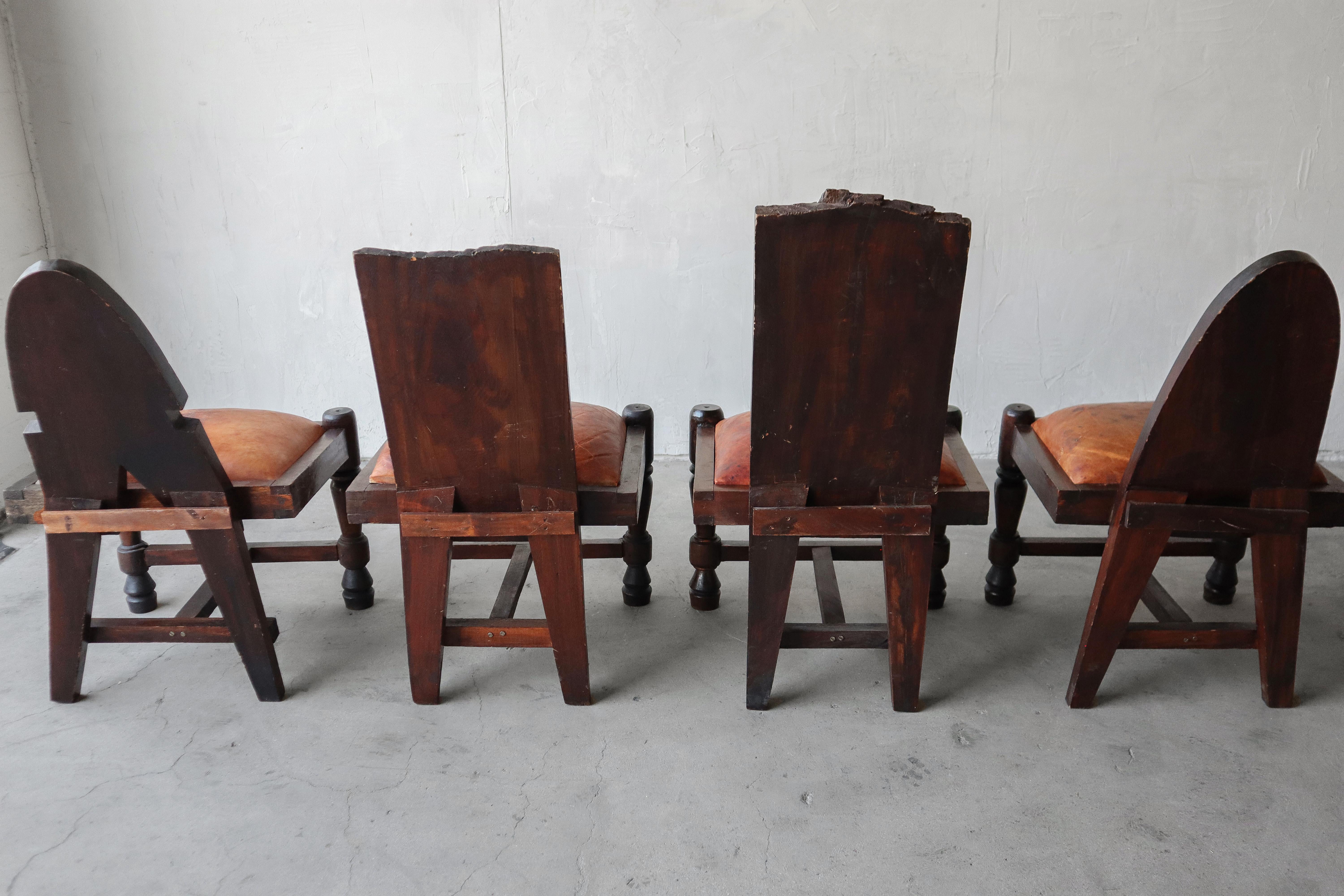 19th Century Primitive Hand Carved Wood and Leather Chairs For Sale