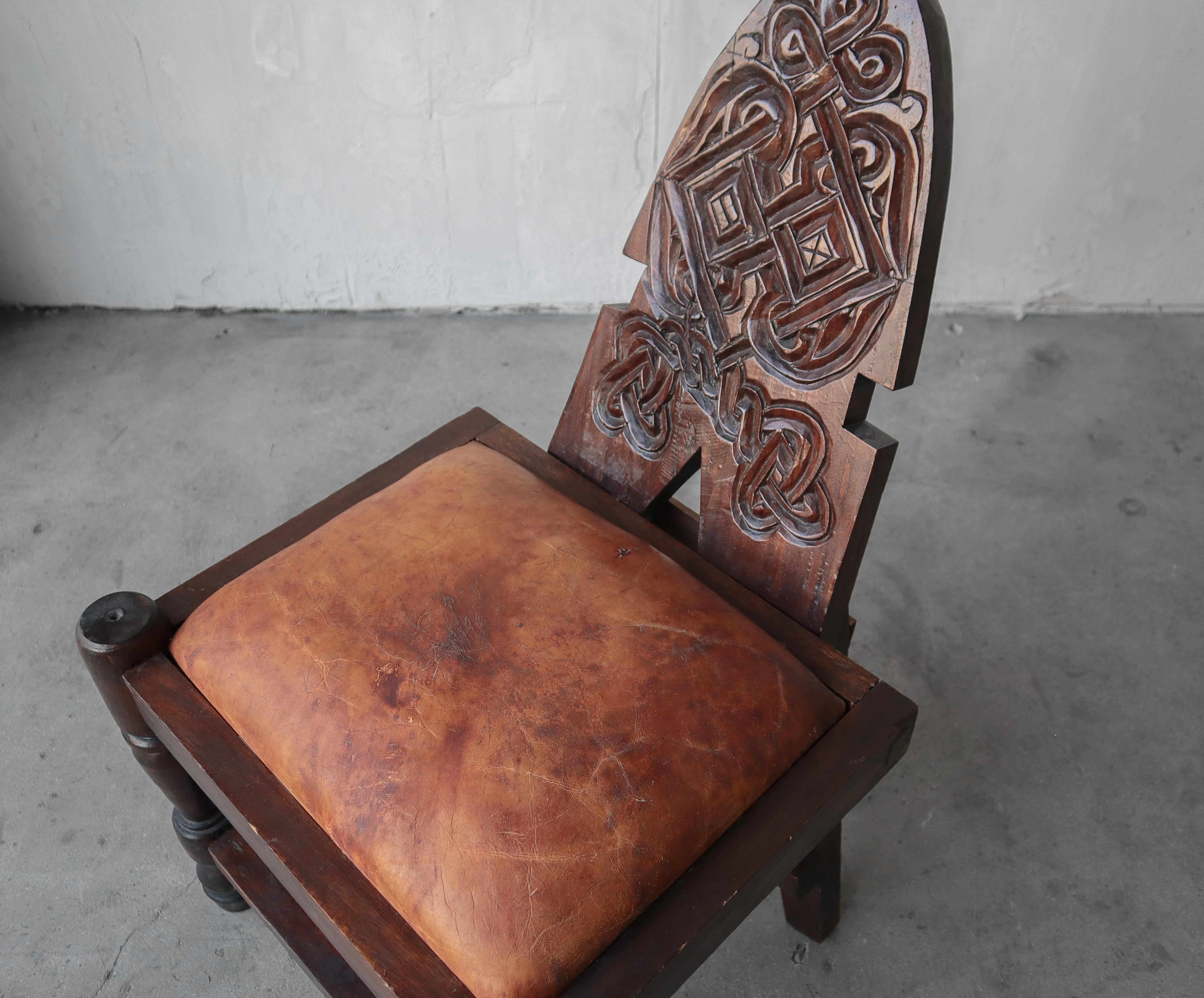 Primitive Hand Carved Wood and Leather Chairs For Sale 3