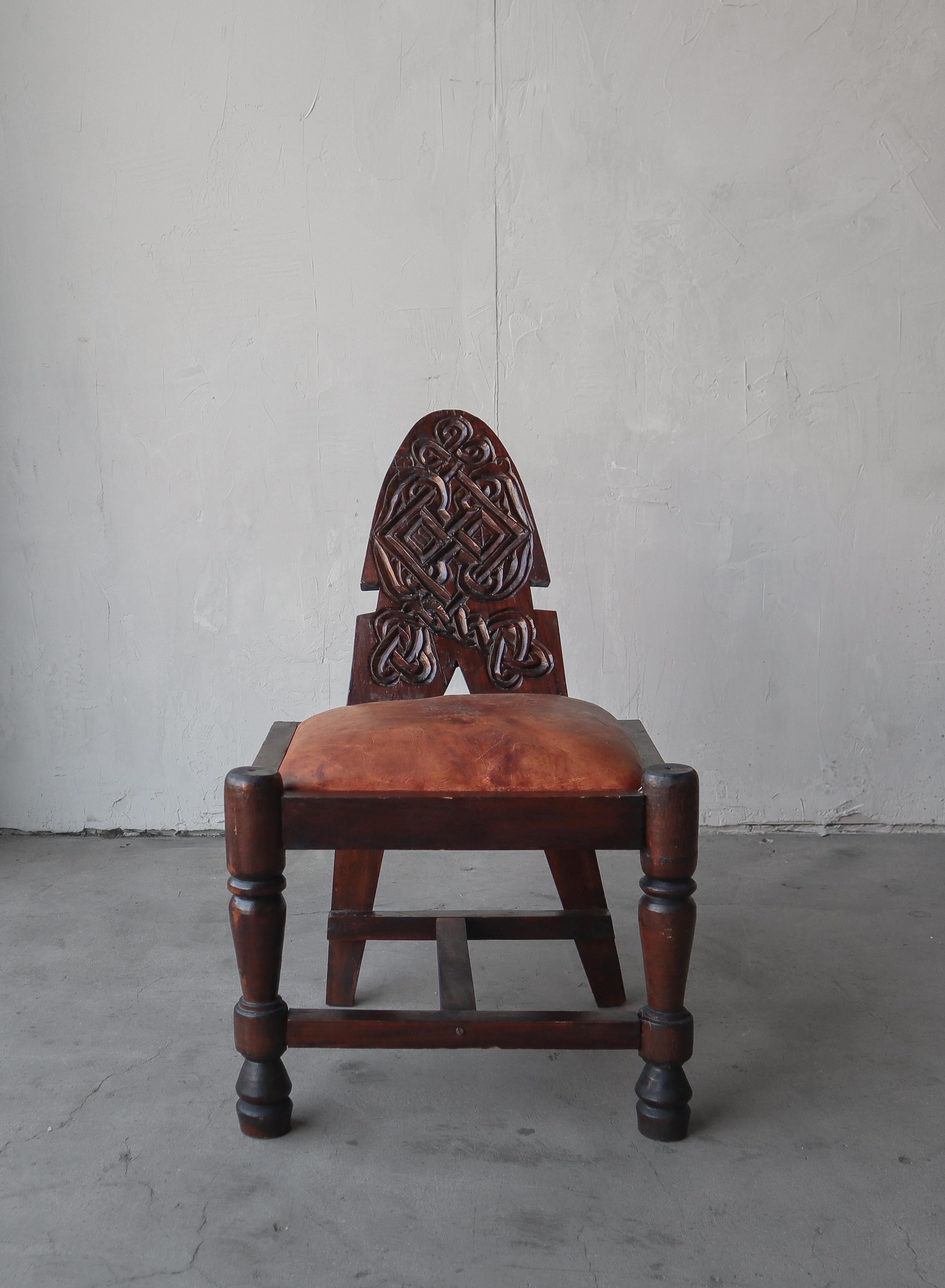 Primitive Hand Carved Wood and Leather Chairs For Sale 4