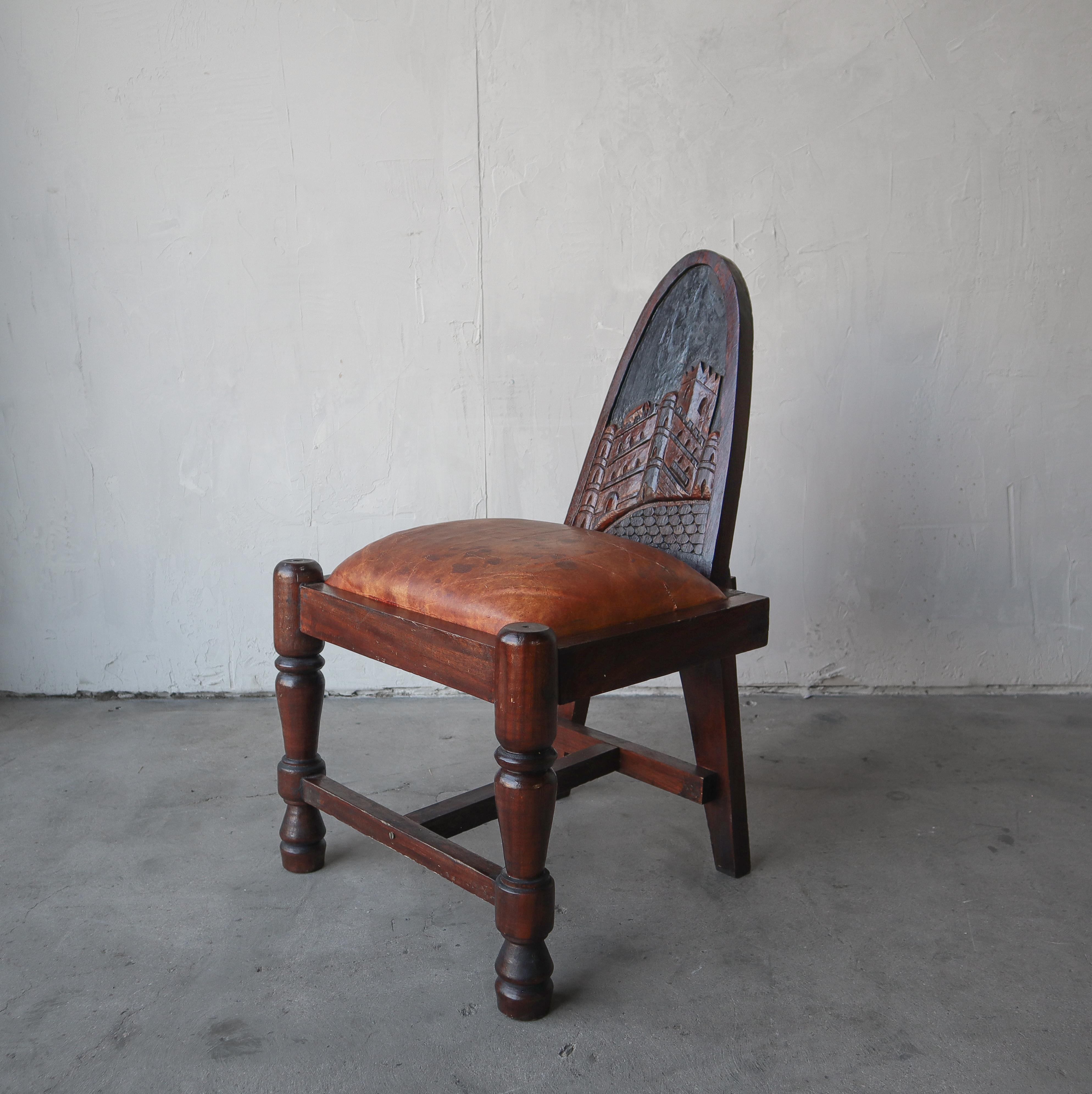 Primitive Hand Carved Wood and Leather Chairs For Sale 6
