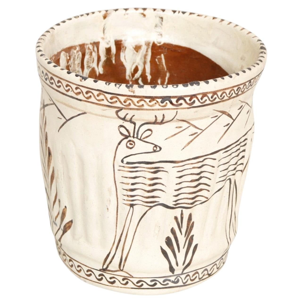 Primitive Hand Painted Terracotta Planter For Sale