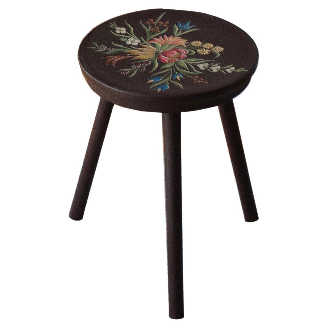 Primitive Hand Painted Wooden Stool, Round Three Legged, Floral Motive
