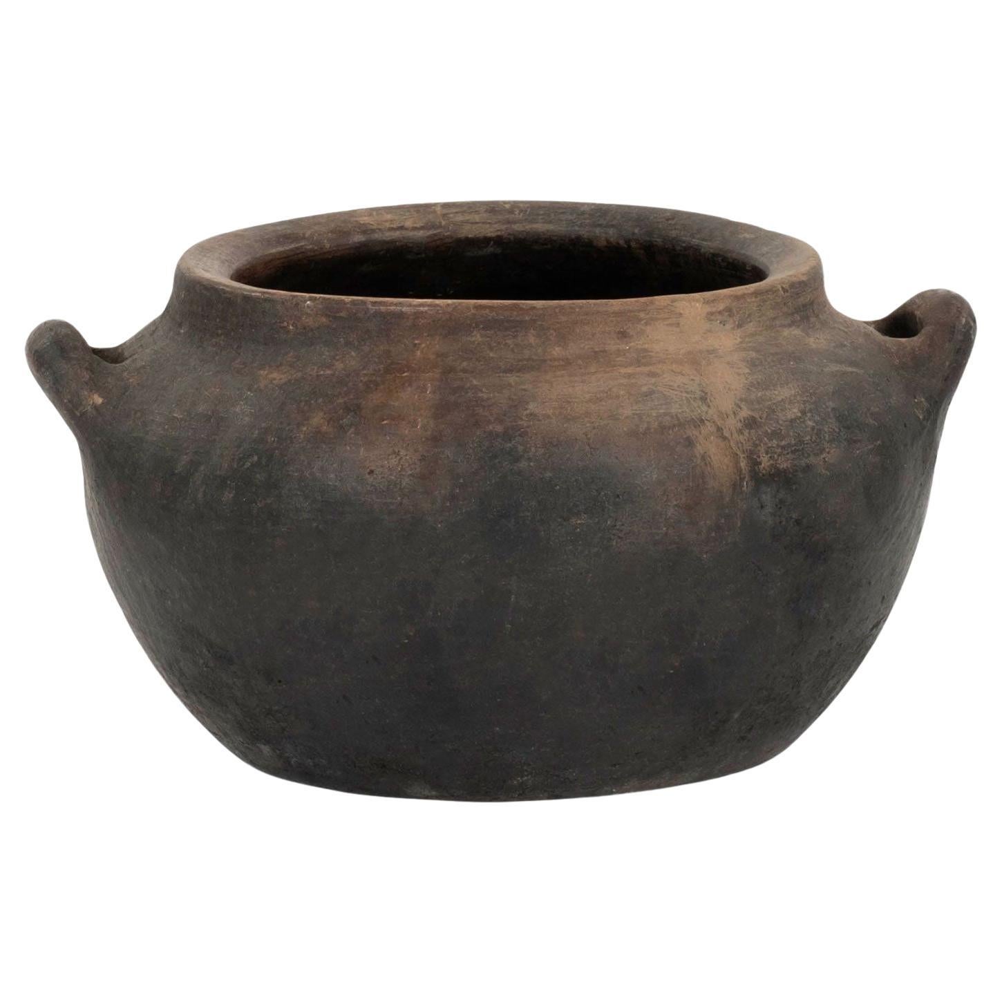 Primitive Hand-Thrown Handled Pottery Jar For Sale