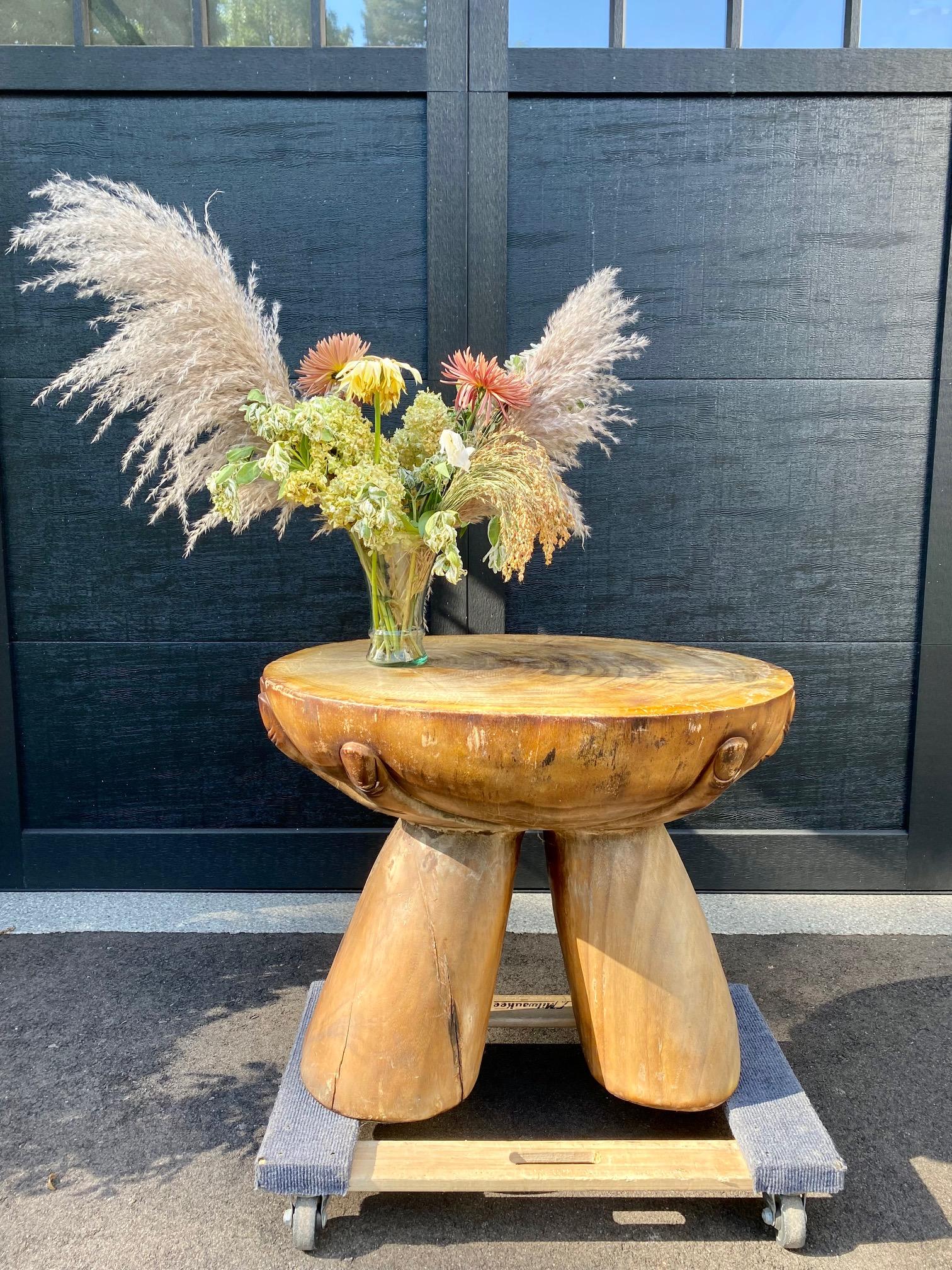 Primitive Handmade Wood Accent Table with Hand Motif For Sale 2