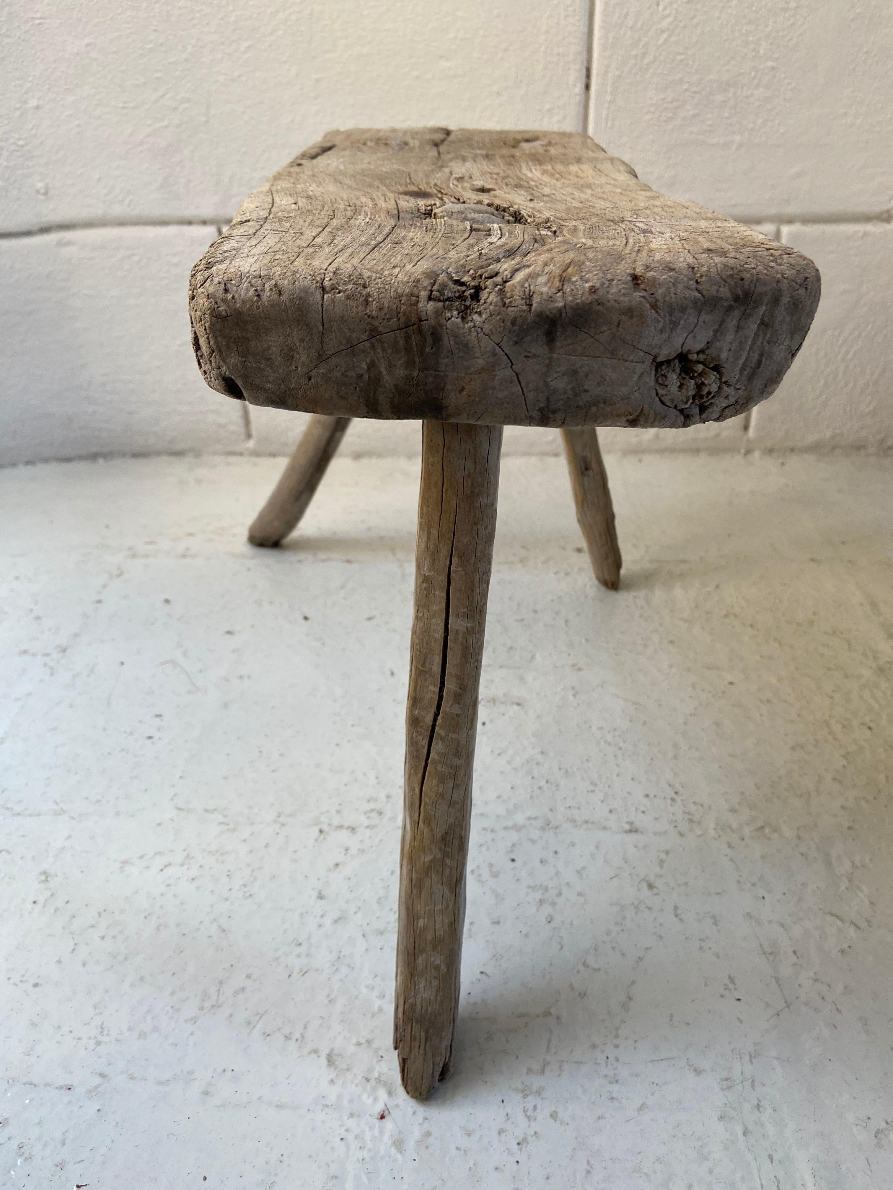 Hand-Carved Primitive Hardwood Stool from Mexico