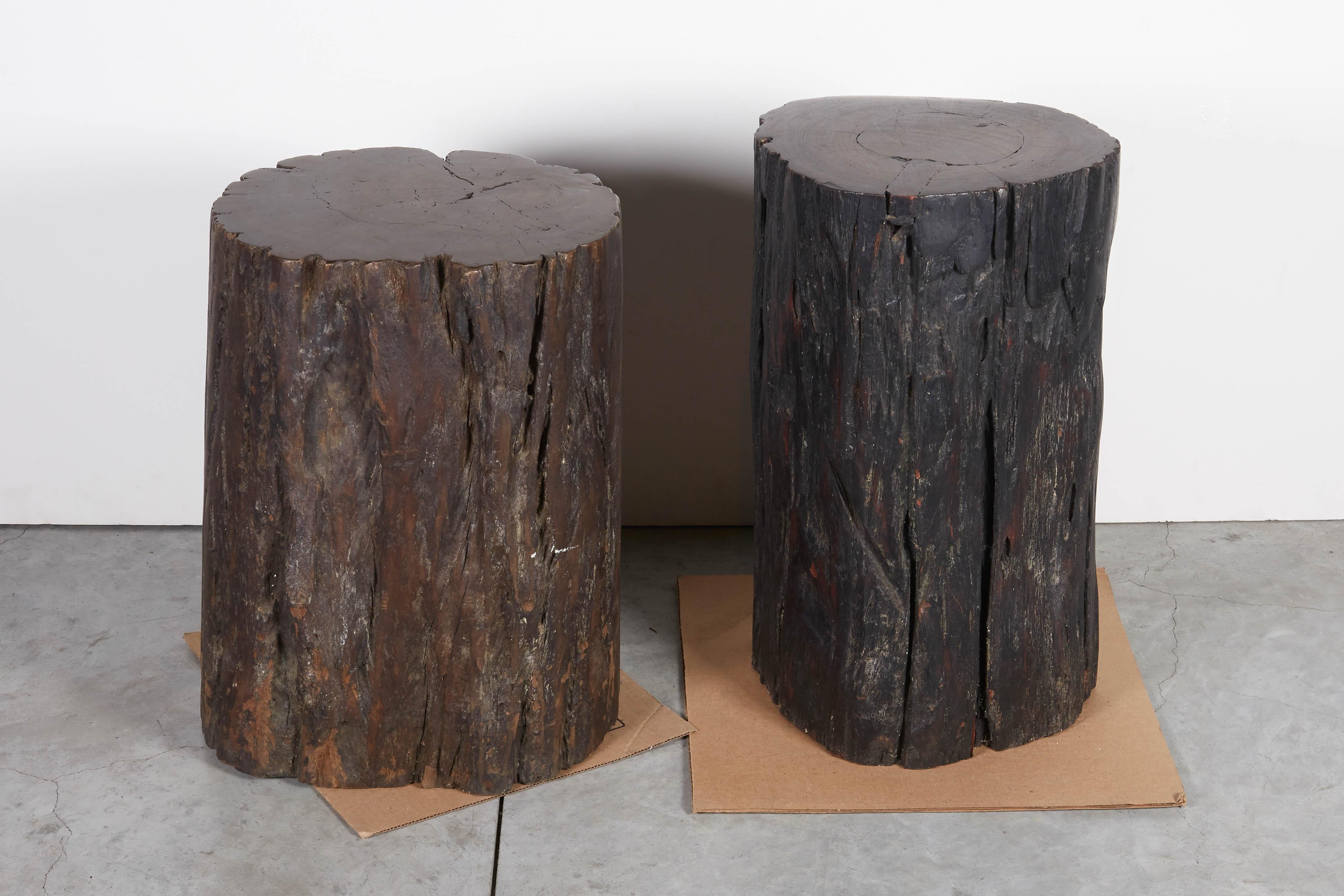 Two beautifully shaped, organic tree stump stools or side tables with exquisite natural graining and smooth, polished tops. These pieces are constructed from heavy, dense wood and have a primitive feel to them, yet will fit perfectly in a
