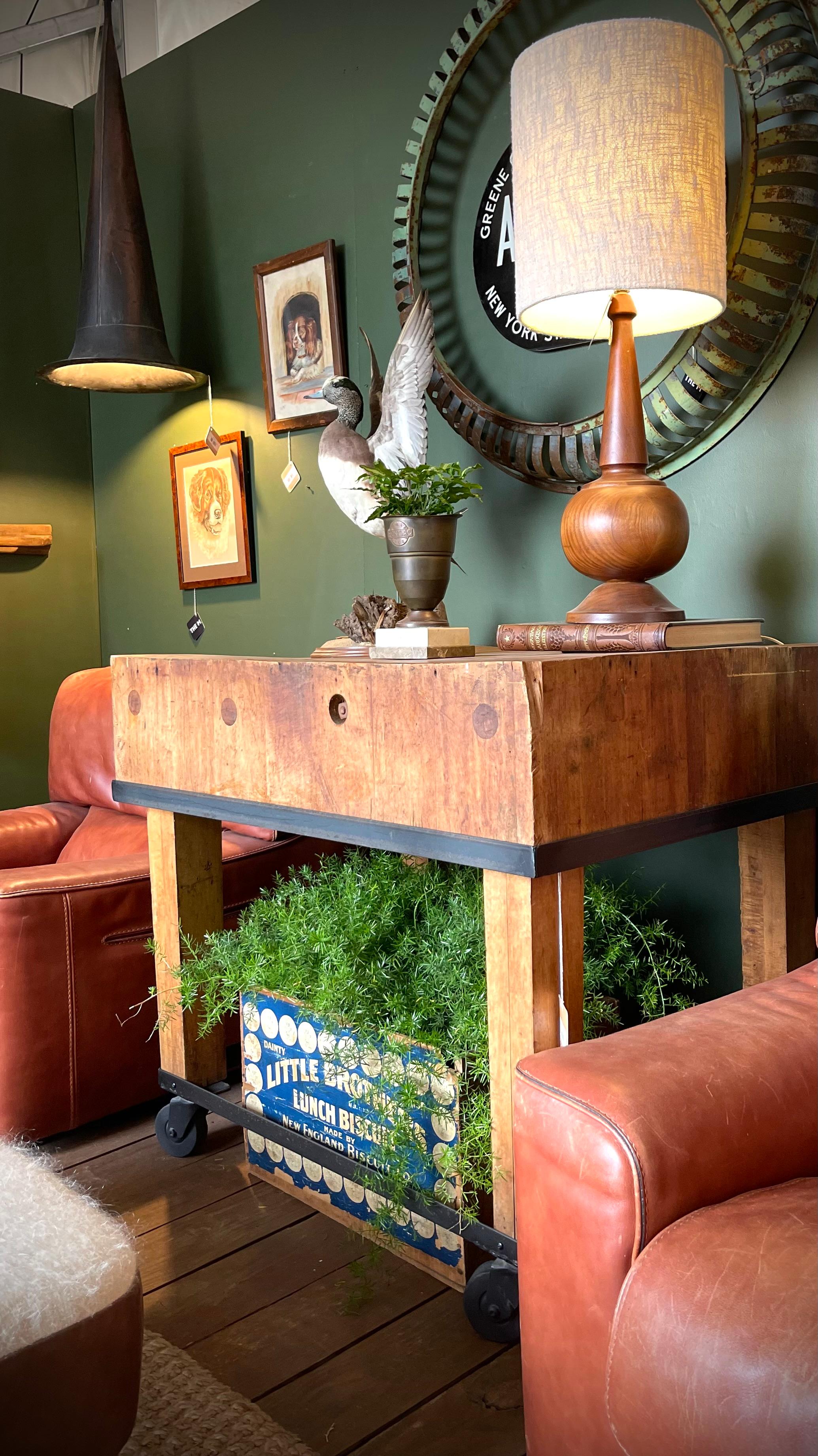 Primitive Industrial Butcher Block Rolling Kitchen Island /Work Table on Casters For Sale 10