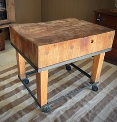 Primitive Industrial Butcher Block Rolling Kitchen Island /Work Table on Casters