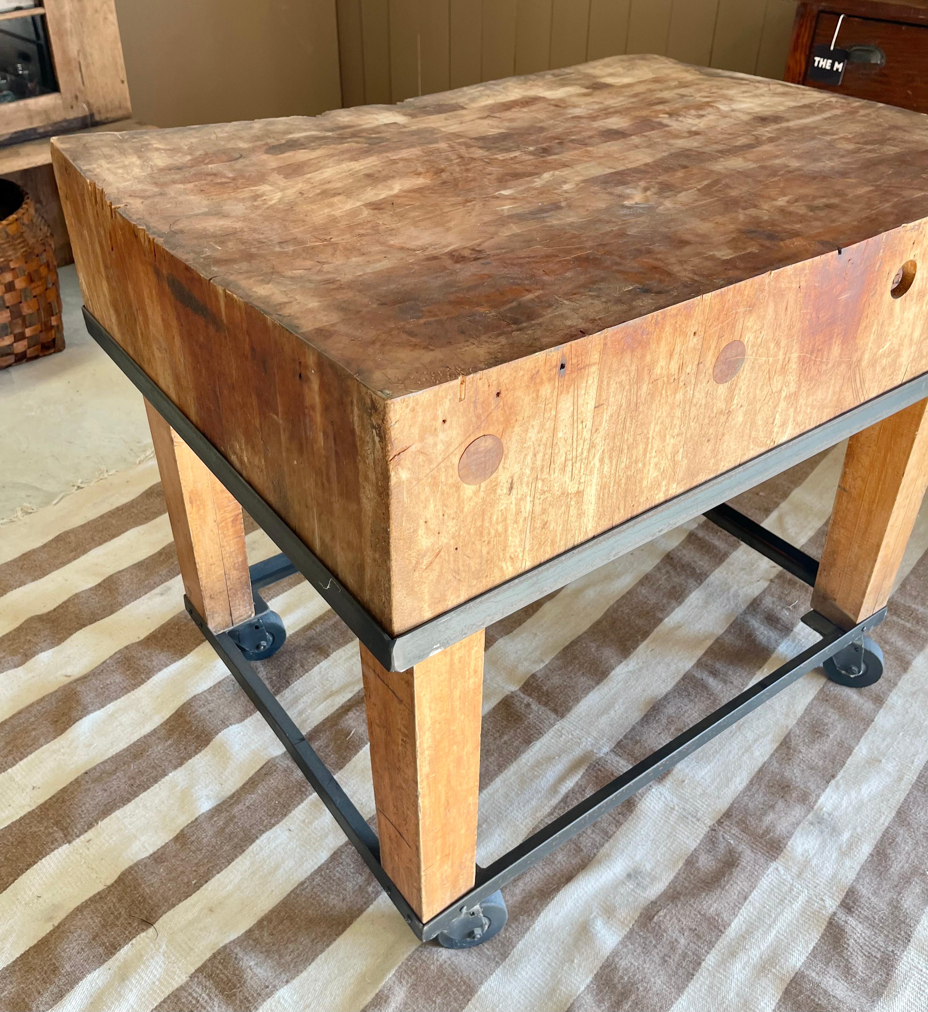 American Primitive Industrial Butcher Block Rolling Kitchen Island /Work Table on Casters For Sale