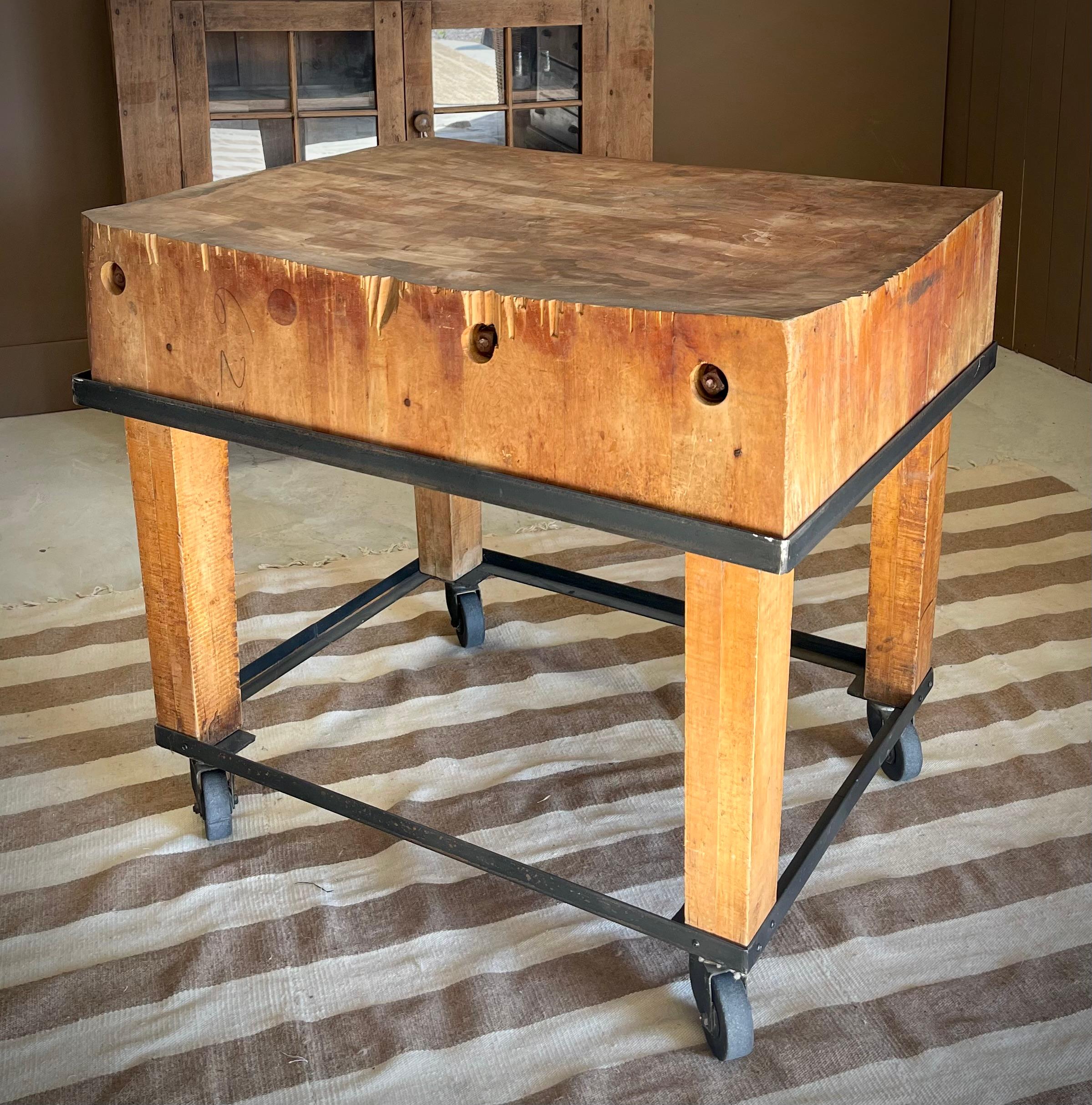 20th Century Primitive Industrial Butcher Block Rolling Kitchen Island /Work Table on Casters For Sale