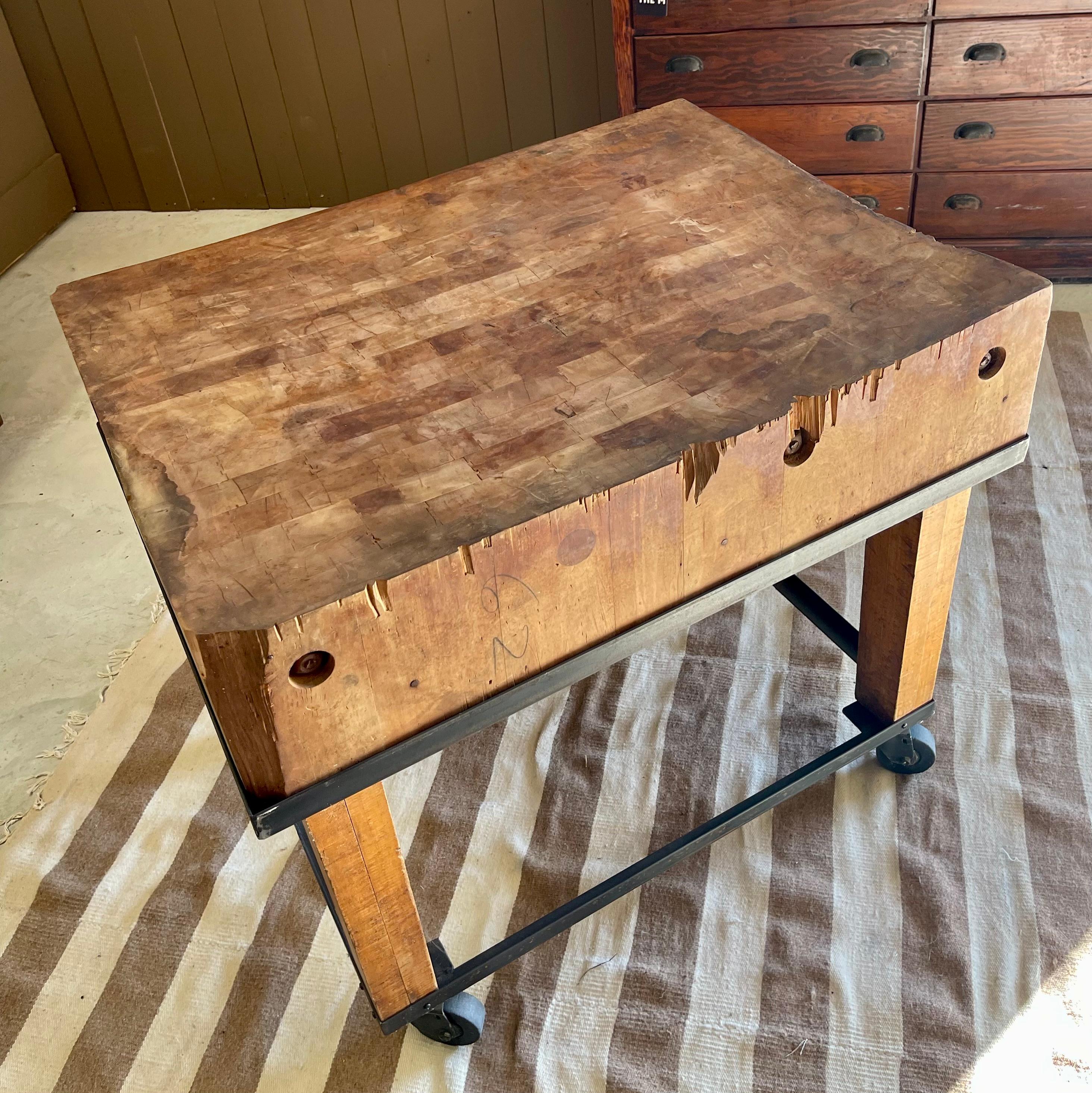 Steel Primitive Industrial Butcher Block Rolling Kitchen Island /Work Table on Casters For Sale