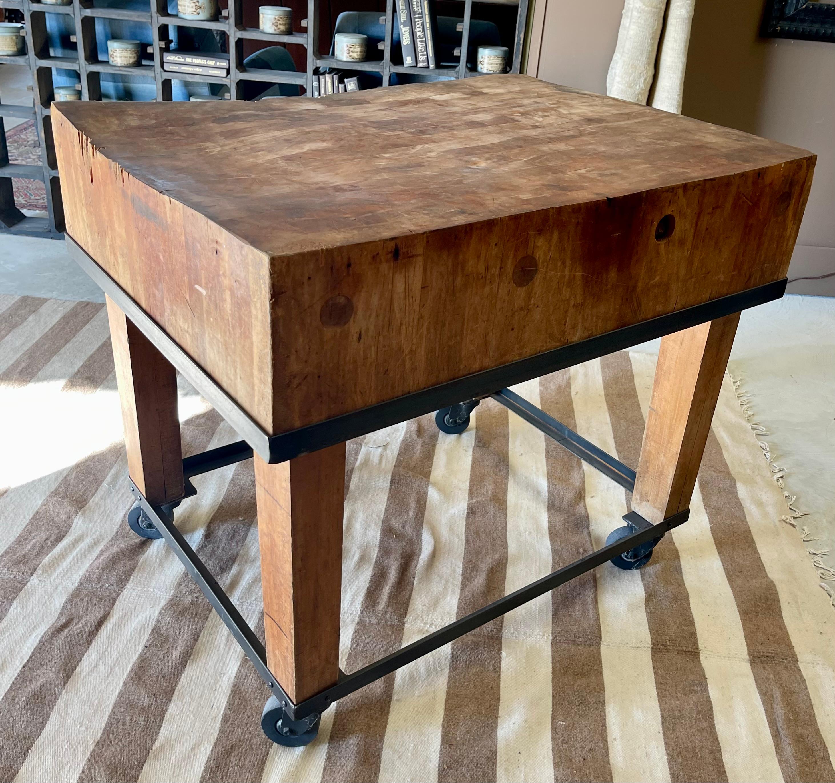 Primitive Industrial Butcher Block Rolling Kitchen Island /Work Table on Casters For Sale 1