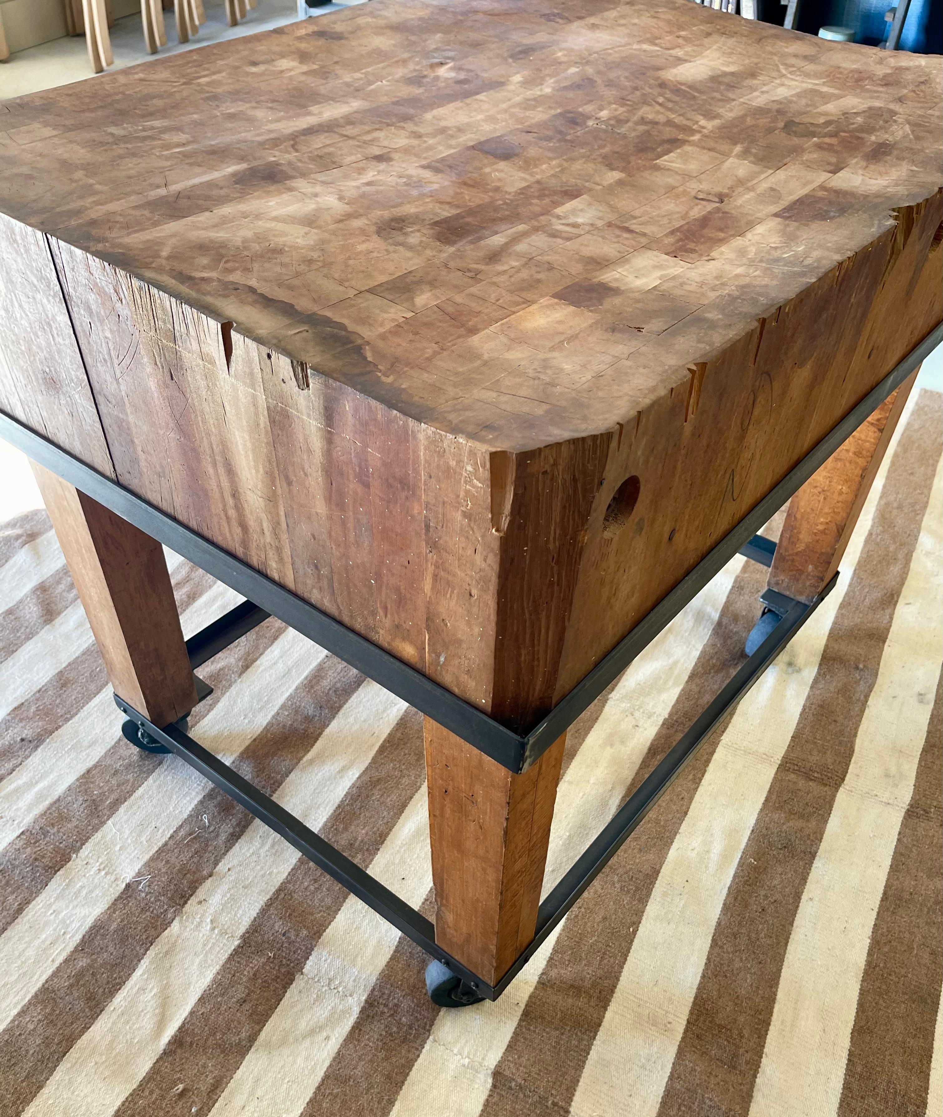 Primitive Industrial Butcher Block Rolling Kitchen Island /Work Table on Casters For Sale 2