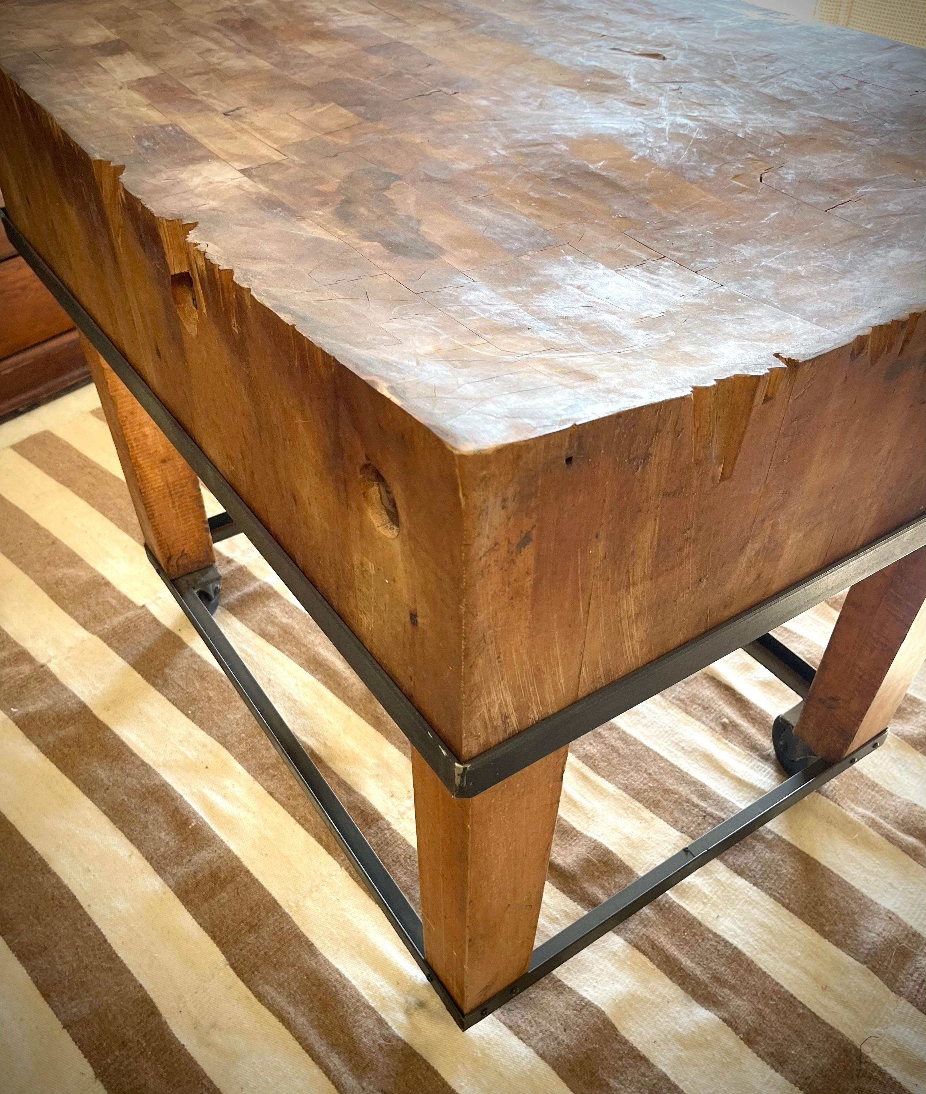 Primitive Industrial Butcher Block Rolling Kitchen Island /Work Table on Casters For Sale 3