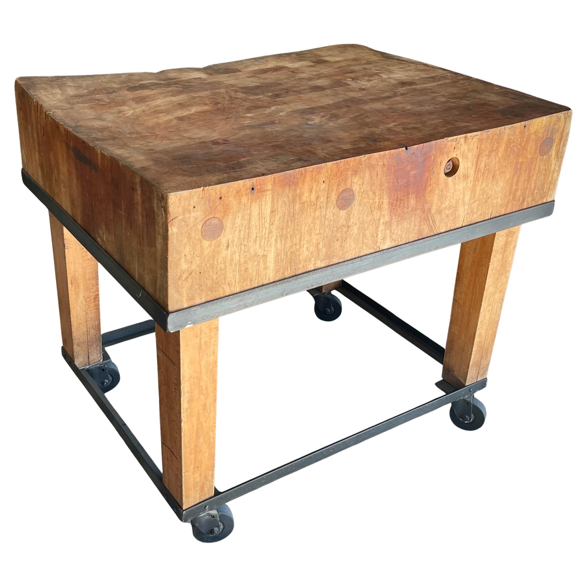 Primitive Industrial Butcher Block Rolling Kitchen Island /Work Table on Casters For Sale