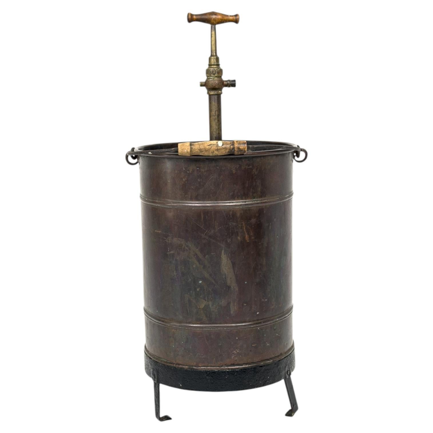 Primitive Industrial Copper Pressure Vessel with Brass Pump, Europe Early 20th