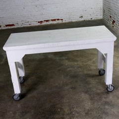 Primitive Industrial Farmhouse Style White Painted Rolling Work Table Island