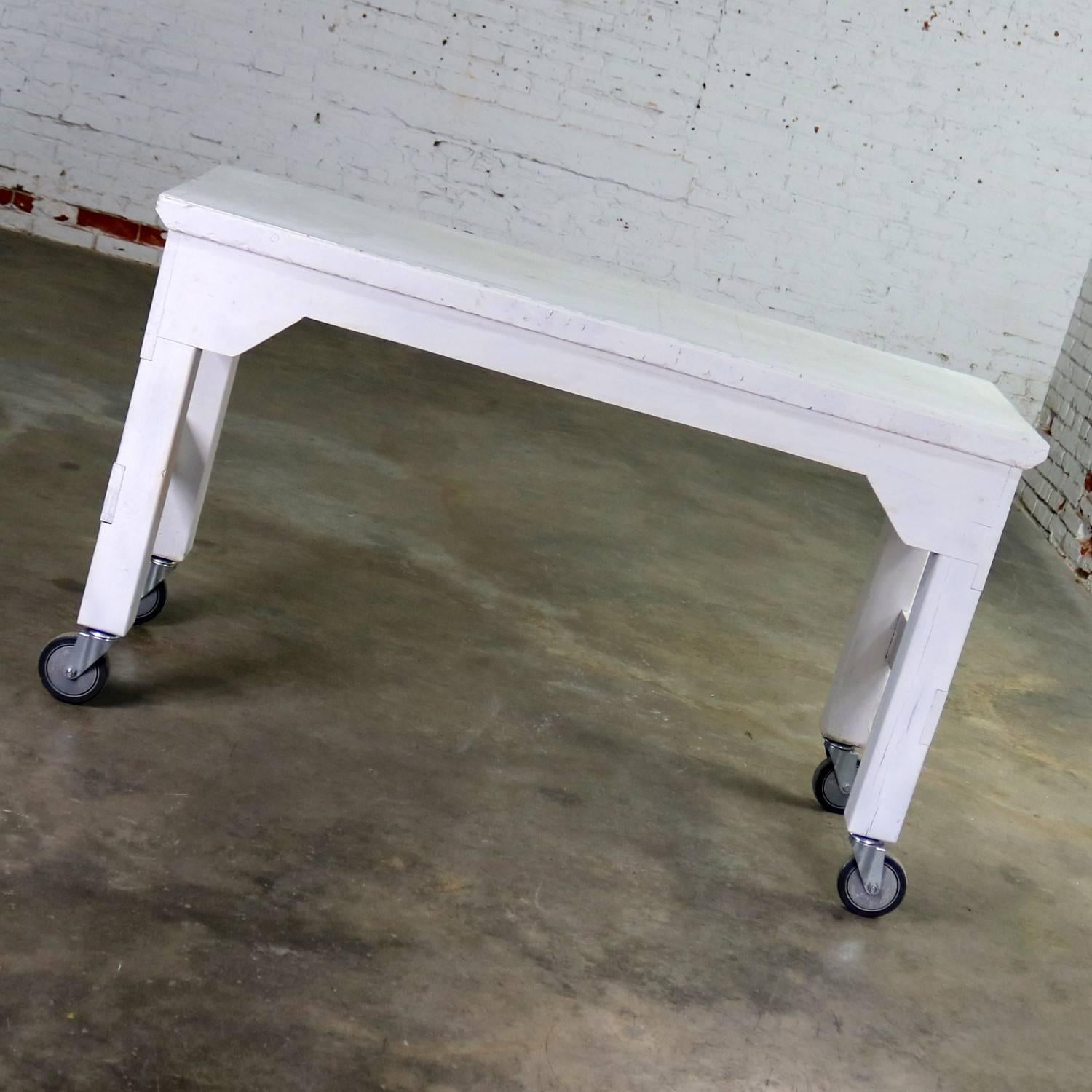 American Primitive Industrial Farmhouse Style White Painted Rolling Work Table Island