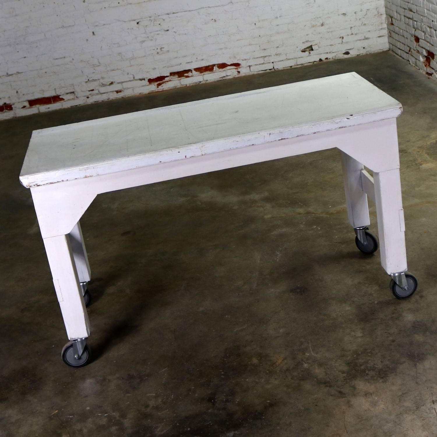 20th Century Primitive Industrial Farmhouse Style White Painted Rolling Work Table Island