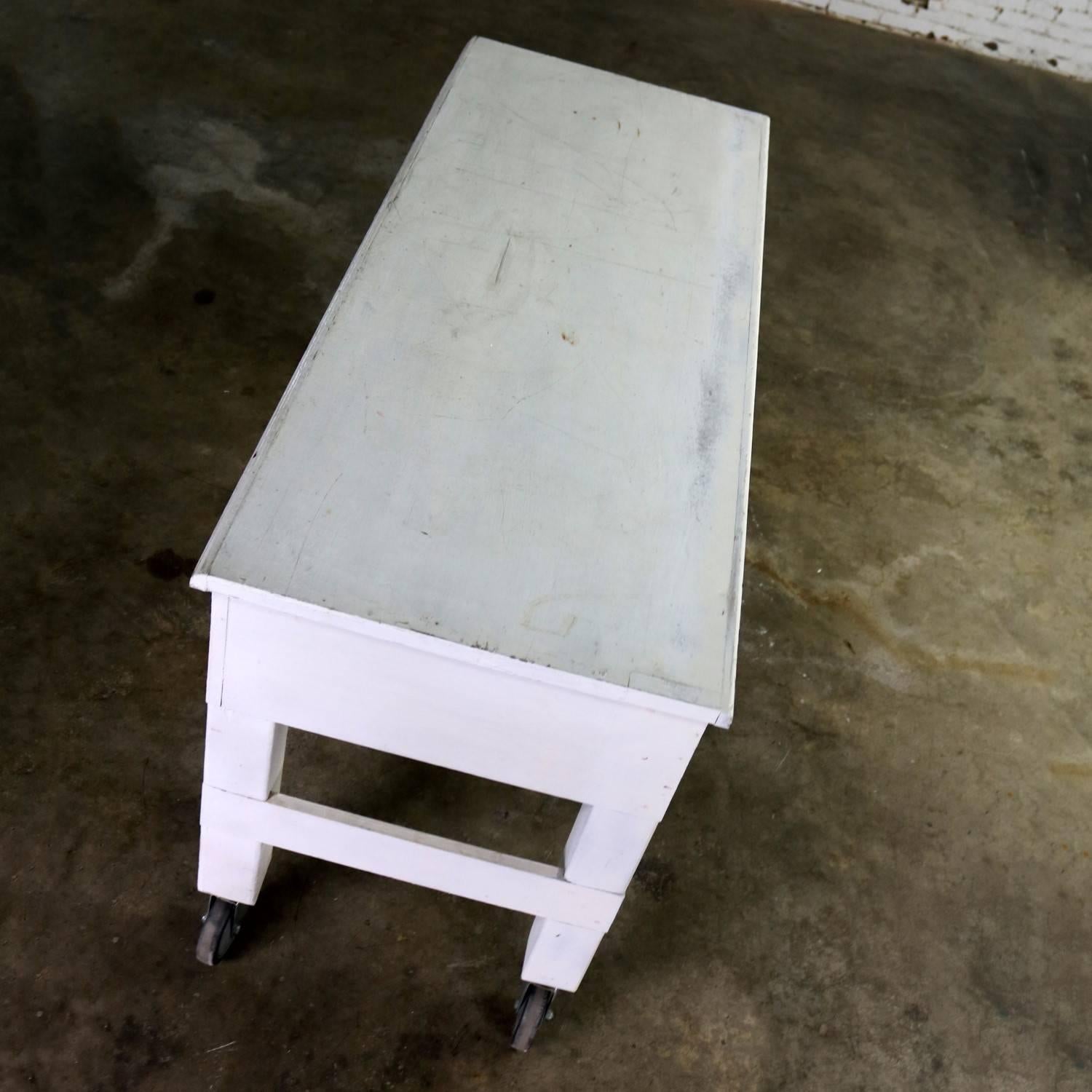 Wood Primitive Industrial Farmhouse Style White Painted Rolling Work Table Island