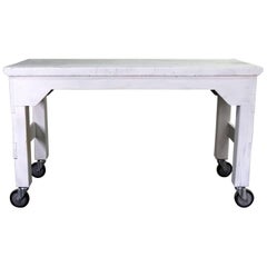 Primitive Industrial Farmhouse Style White Painted Rolling Work Table Island