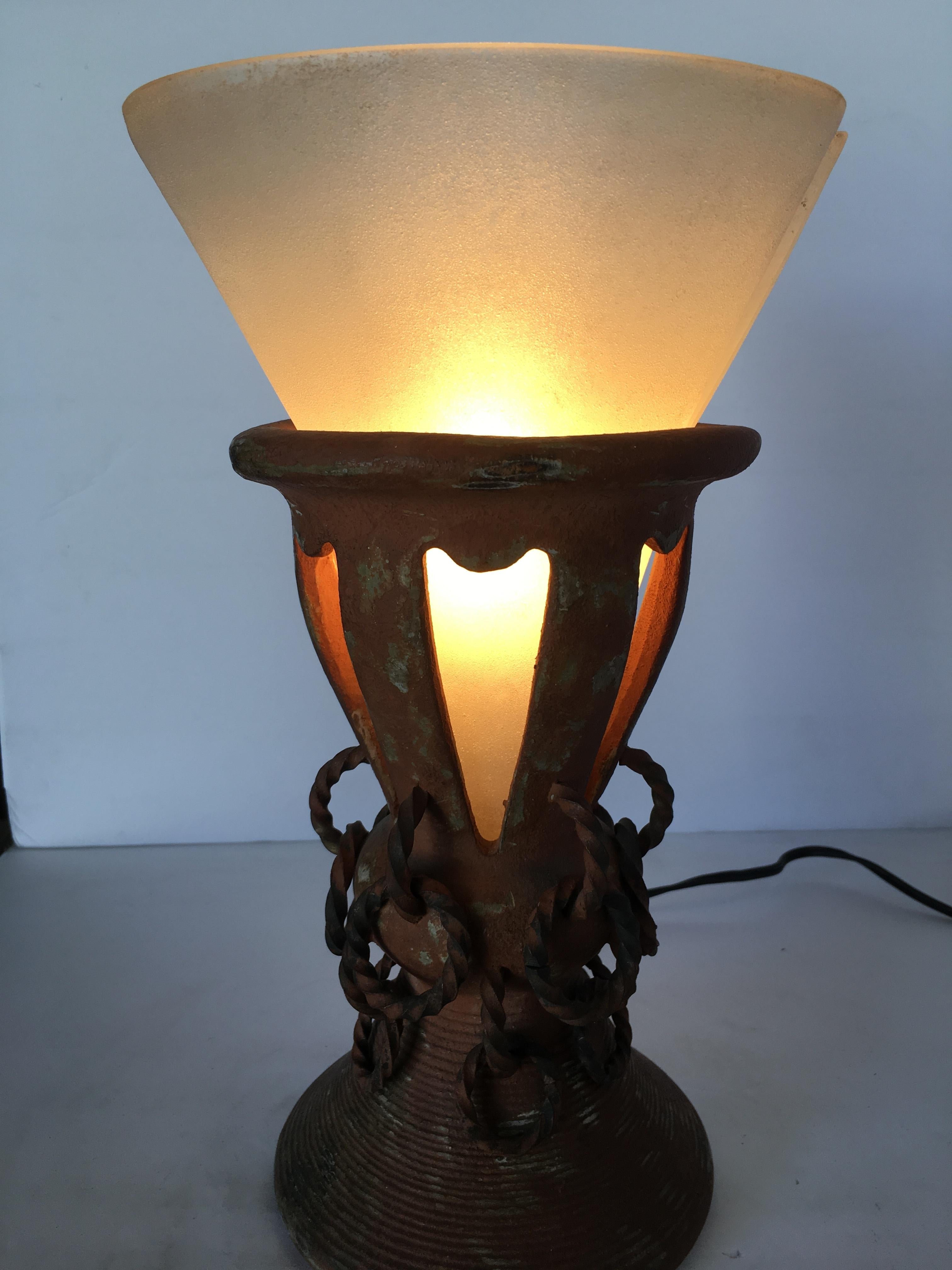 American Iron and Clay Torchiere Table Lamp w/ Frosted Shade