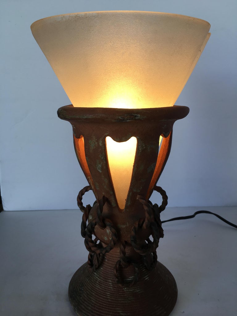Primitive Iron and Clay Torchiere Table Lamp with Frosted ...