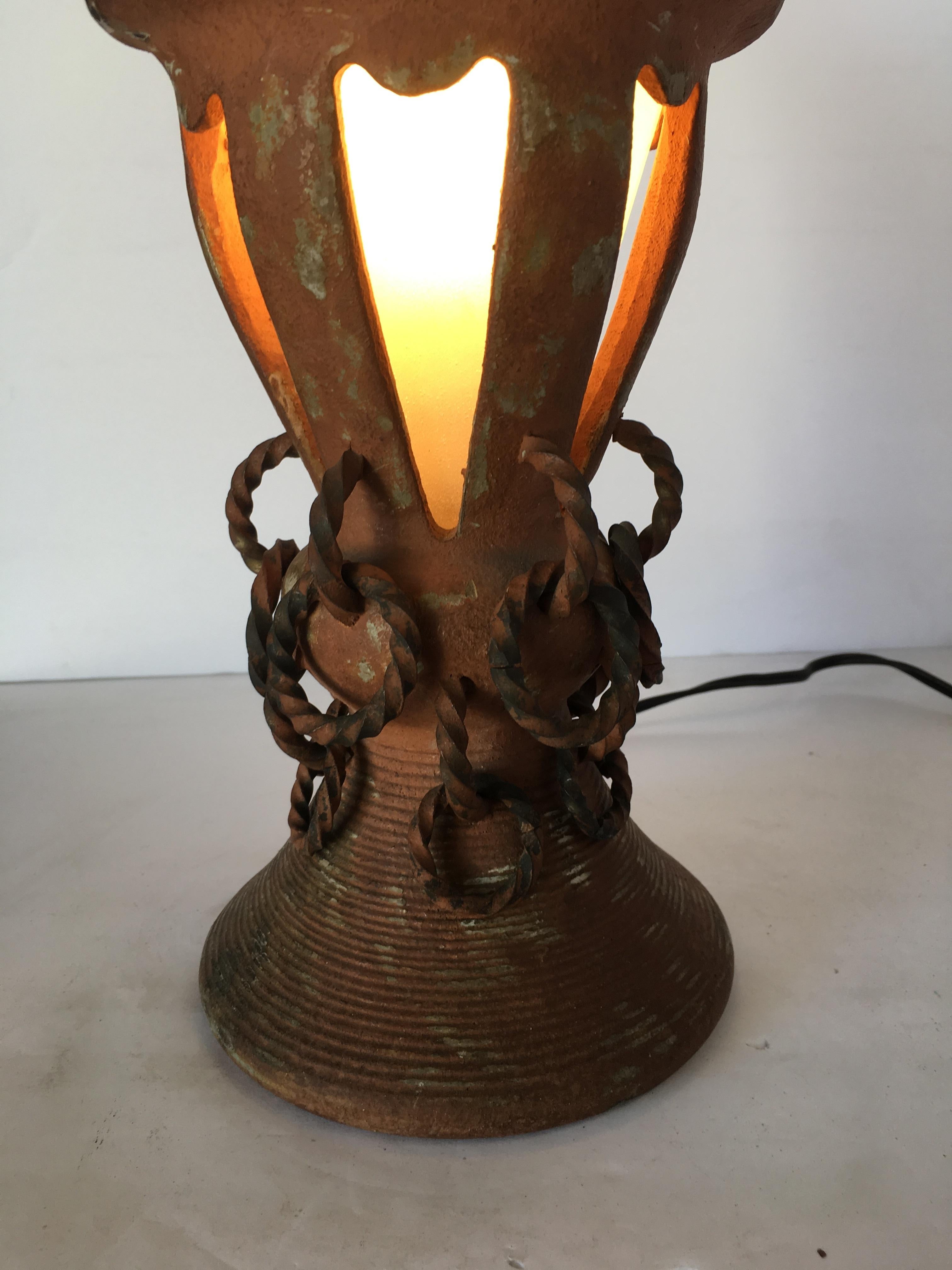 Iron and Clay Torchiere Table Lamp w/ Frosted Shade In Good Condition In Van Nuys, CA