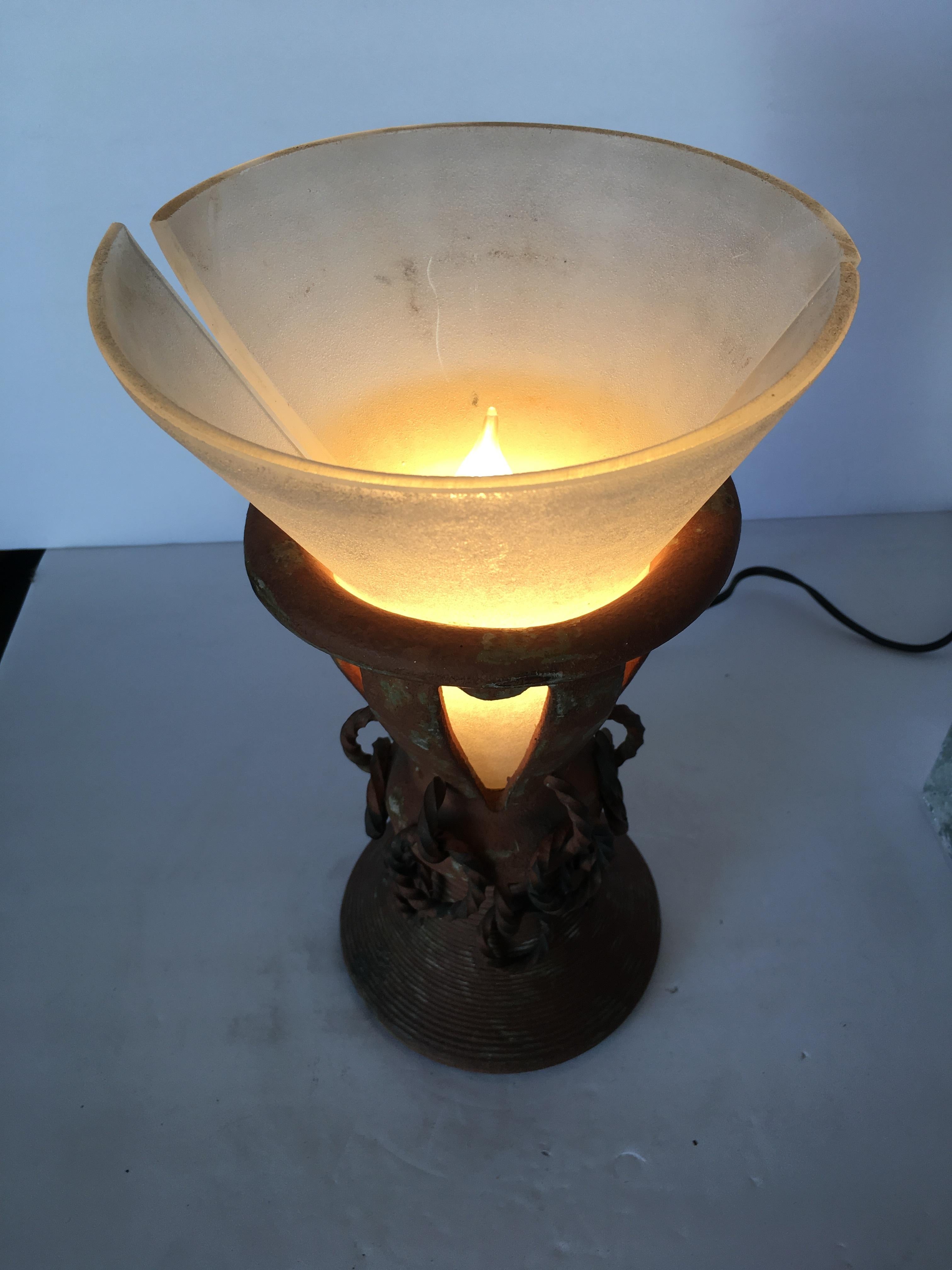 Late 20th Century Iron and Clay Torchiere Table Lamp w/ Frosted Shade