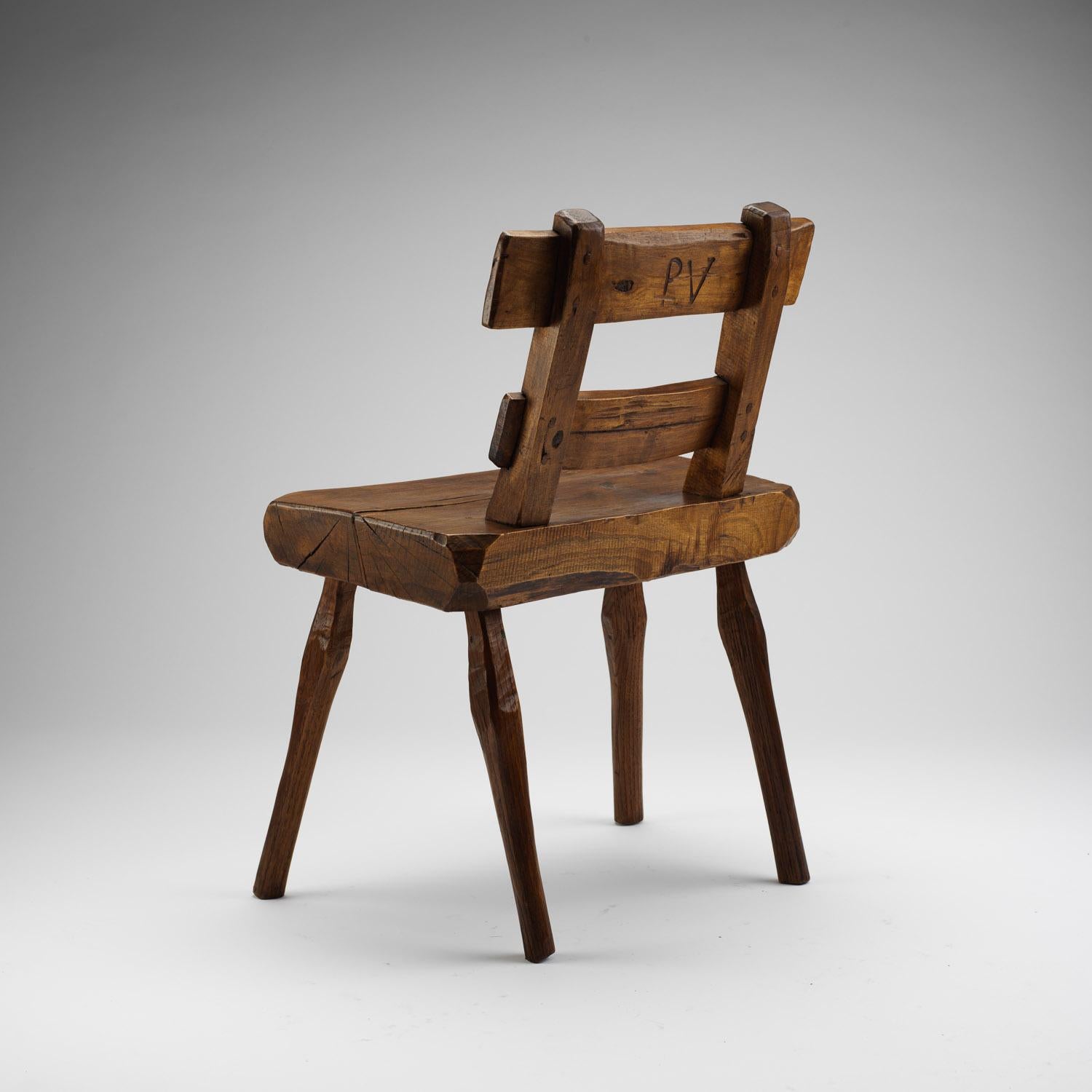 Hand-Carved Primitive Ladder-Back Alpine Chair, France, Early 1900s