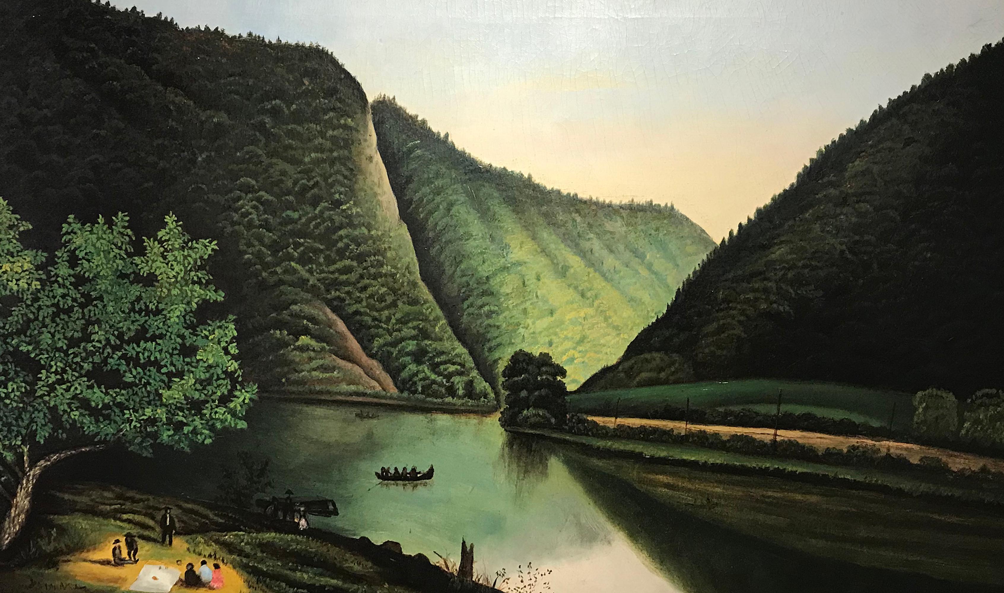 Primitive river landscape with figures on the shore and a canoe in the water with sun coming thru a green mountain side. American school, circa 1885
Measures: 34” x 54” x 1 ¾”.
 