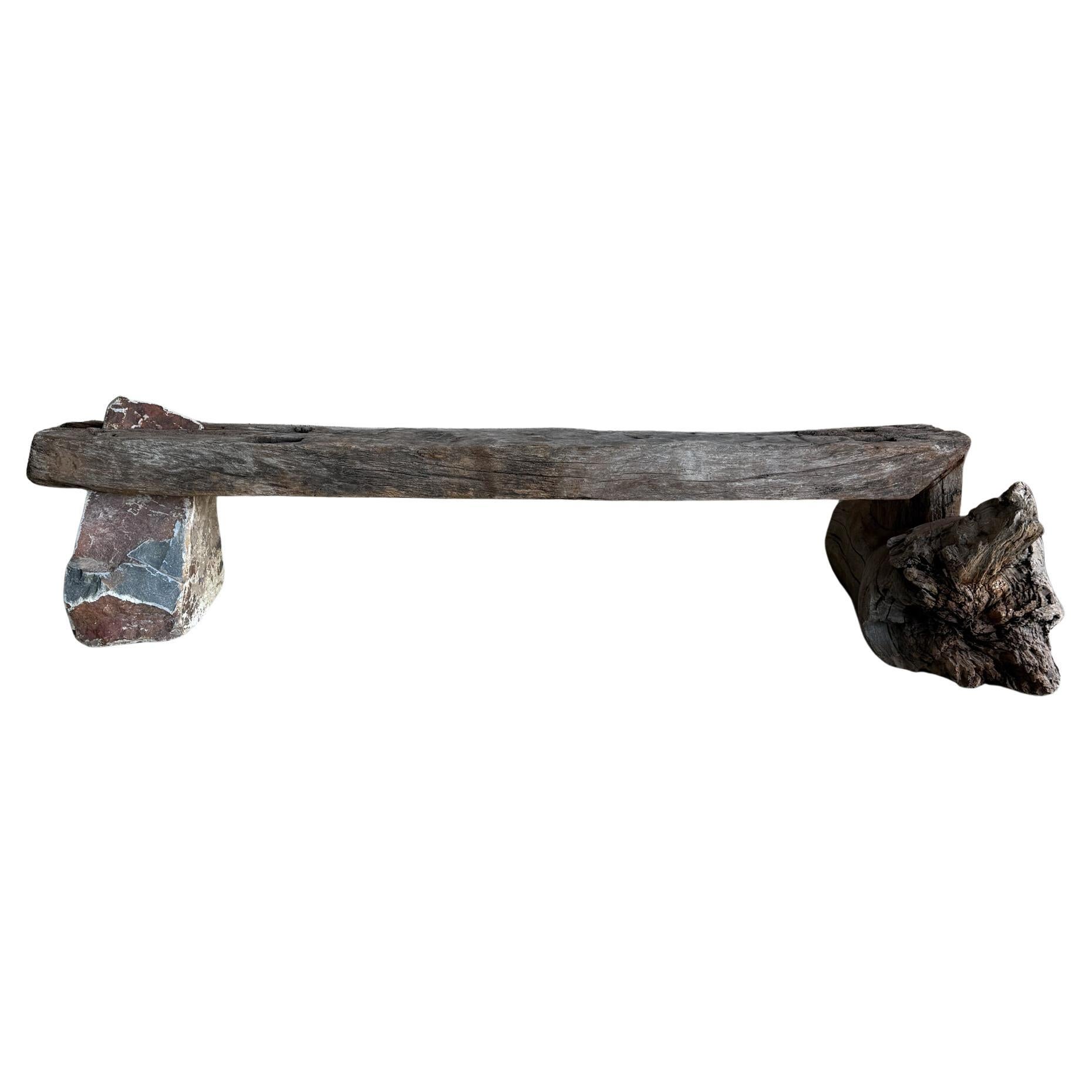 Primitive Mesquite Wood And Stone Bench Curated By AMBIANIC For Sale