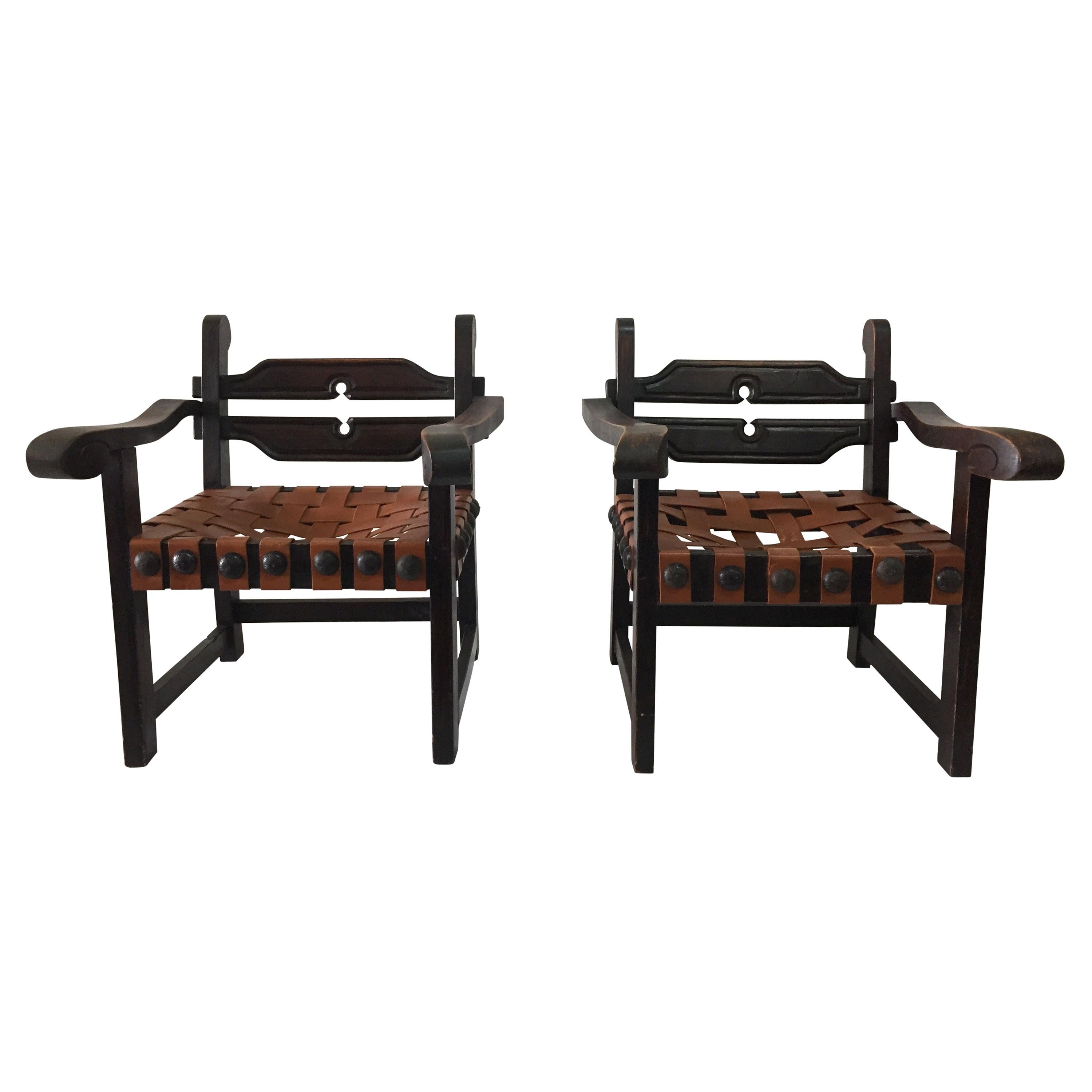 William Spratling Mexican Wood Carved Armchairs with Leather Strap Seats, Pair