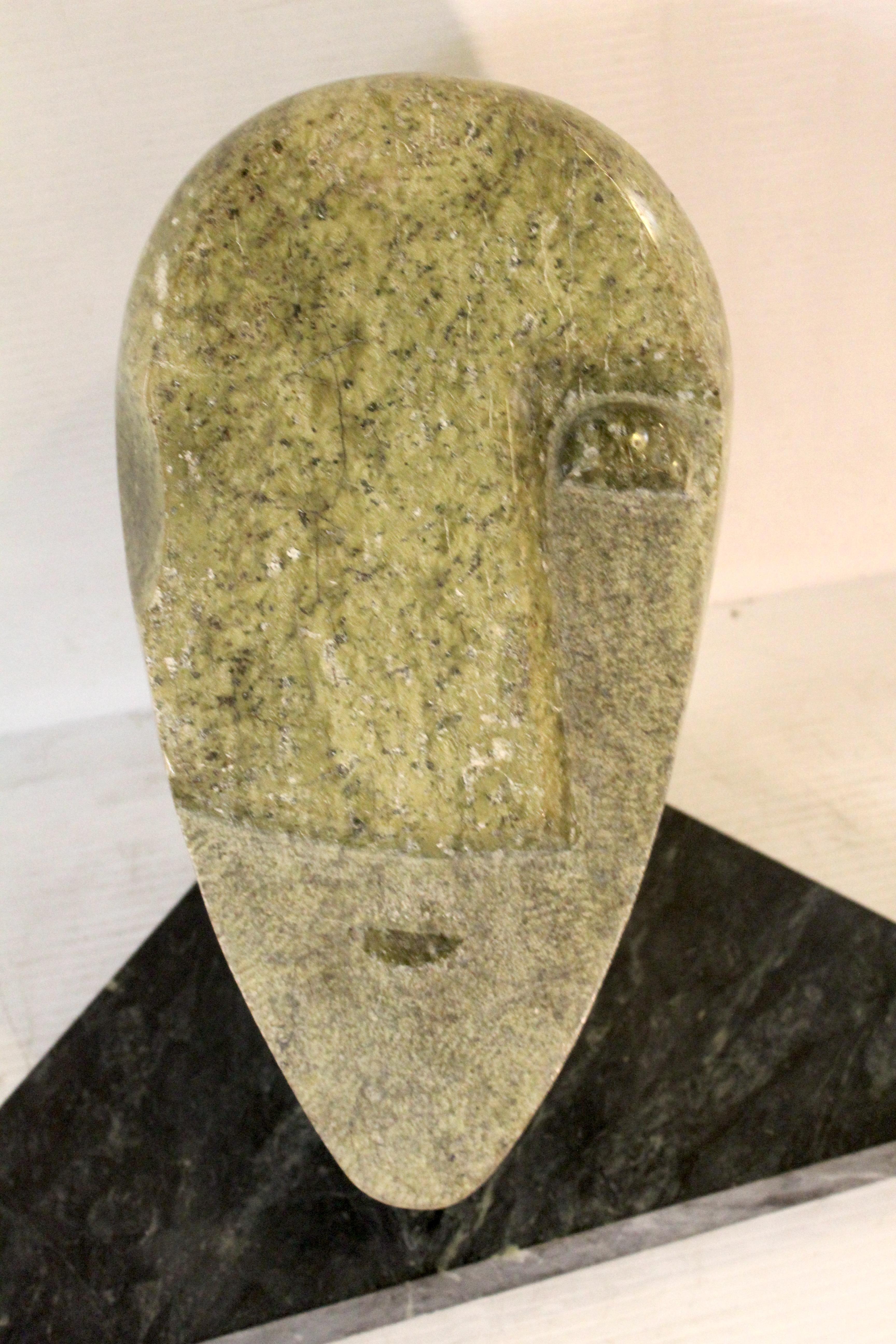 Primitive Modern Stone Face Carving with Marble Base For Sale 5