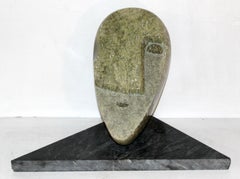 Primitive Modern Stone Face Carving with Marble Base