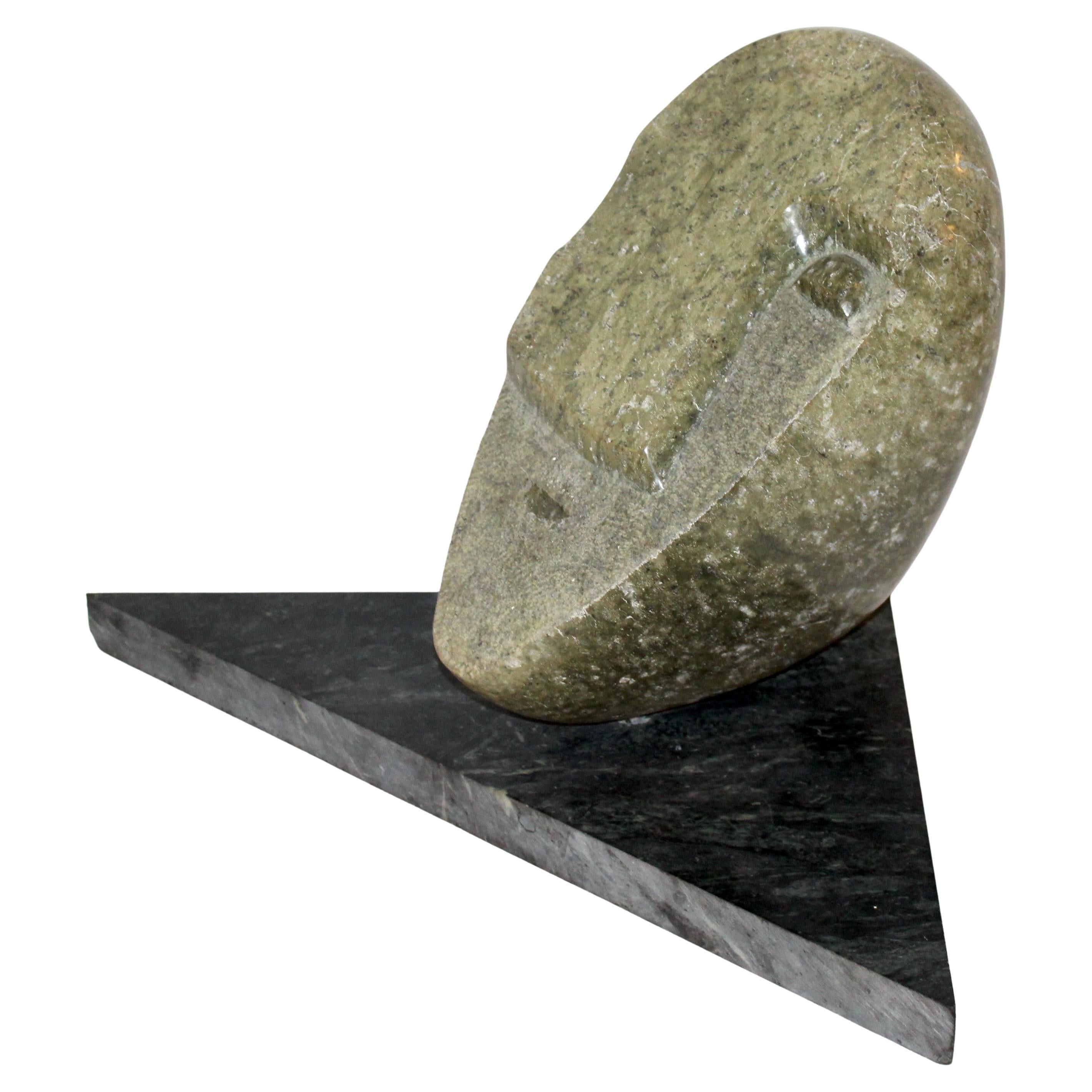 Primitive Modern Stone Face Carving with Marble Base For Sale