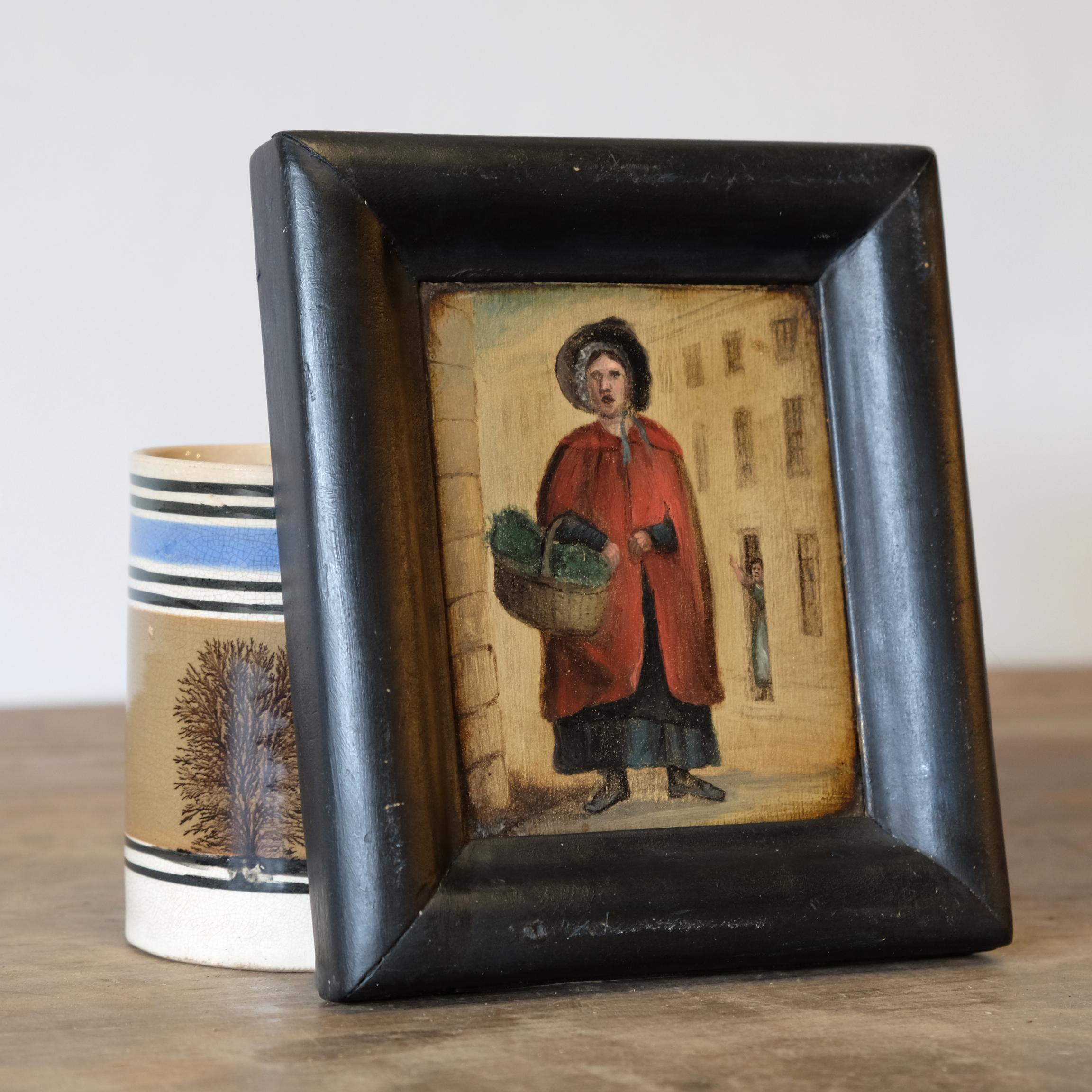 Charming naive or primitive school oil on mahogany panel of a lady in traditional Welsh costume. In later simple ebonised frame (with old repairs), early 1800s.

Measures: H: 21cm W: 18.5cm D: 3cm (including frame)

H: 14cm W: 11.5cm (without