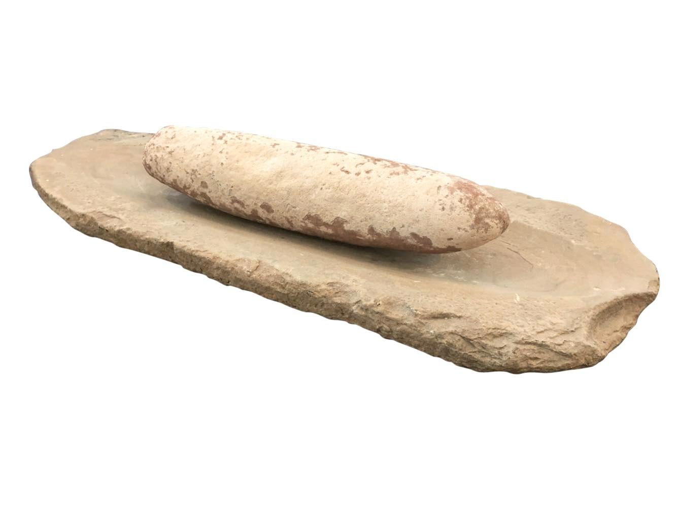 18th Century and Earlier Primitive Native American Metate - Elongated Pestle and Grinding Stone For Sale