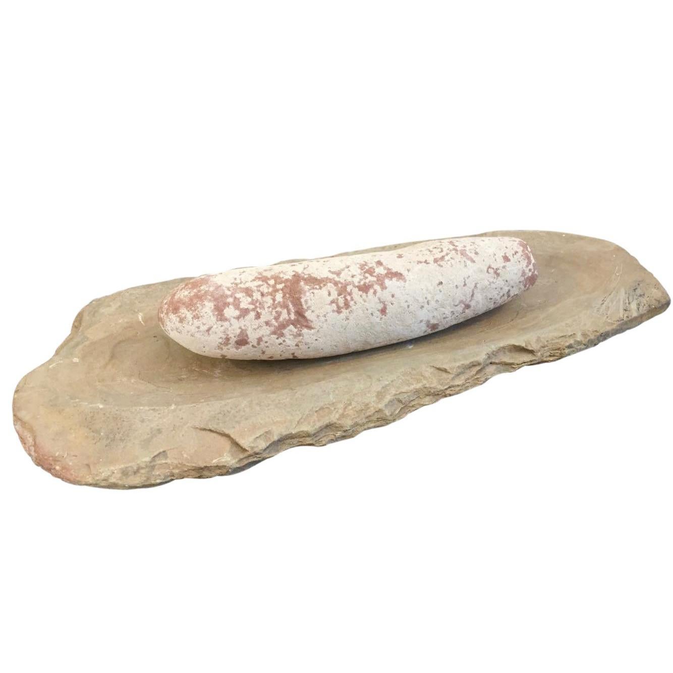 Primitive Native American Metate - Elongated Pestle and Grinding Stone For Sale