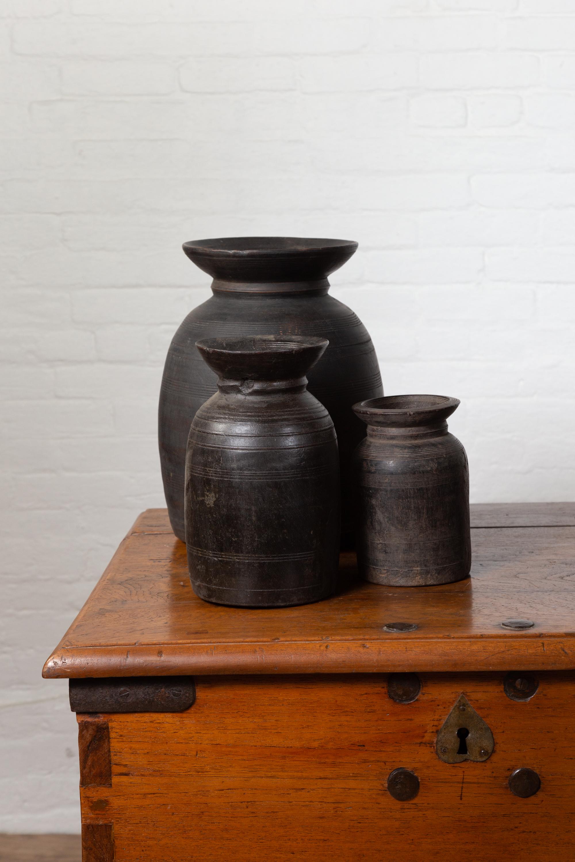 Nepalese Rustic Wooden Ghee Pots Sold in Sets of Three or Five In Fair Condition In Yonkers, NY