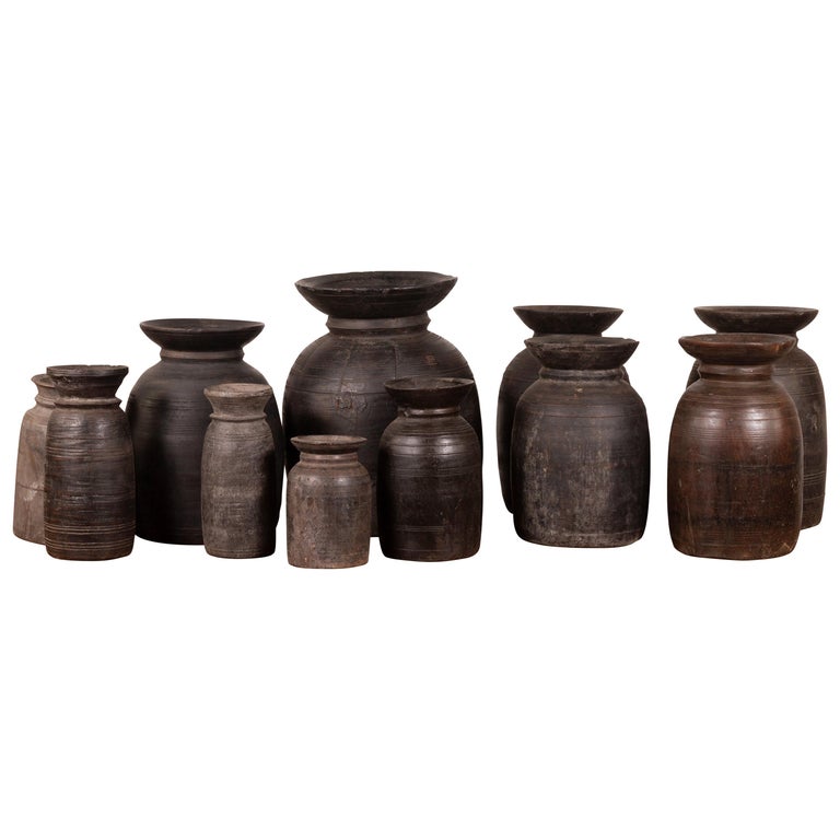 Primitive Nepalese Rustic Wooden Ghee Pots Sold in Sets of Three or