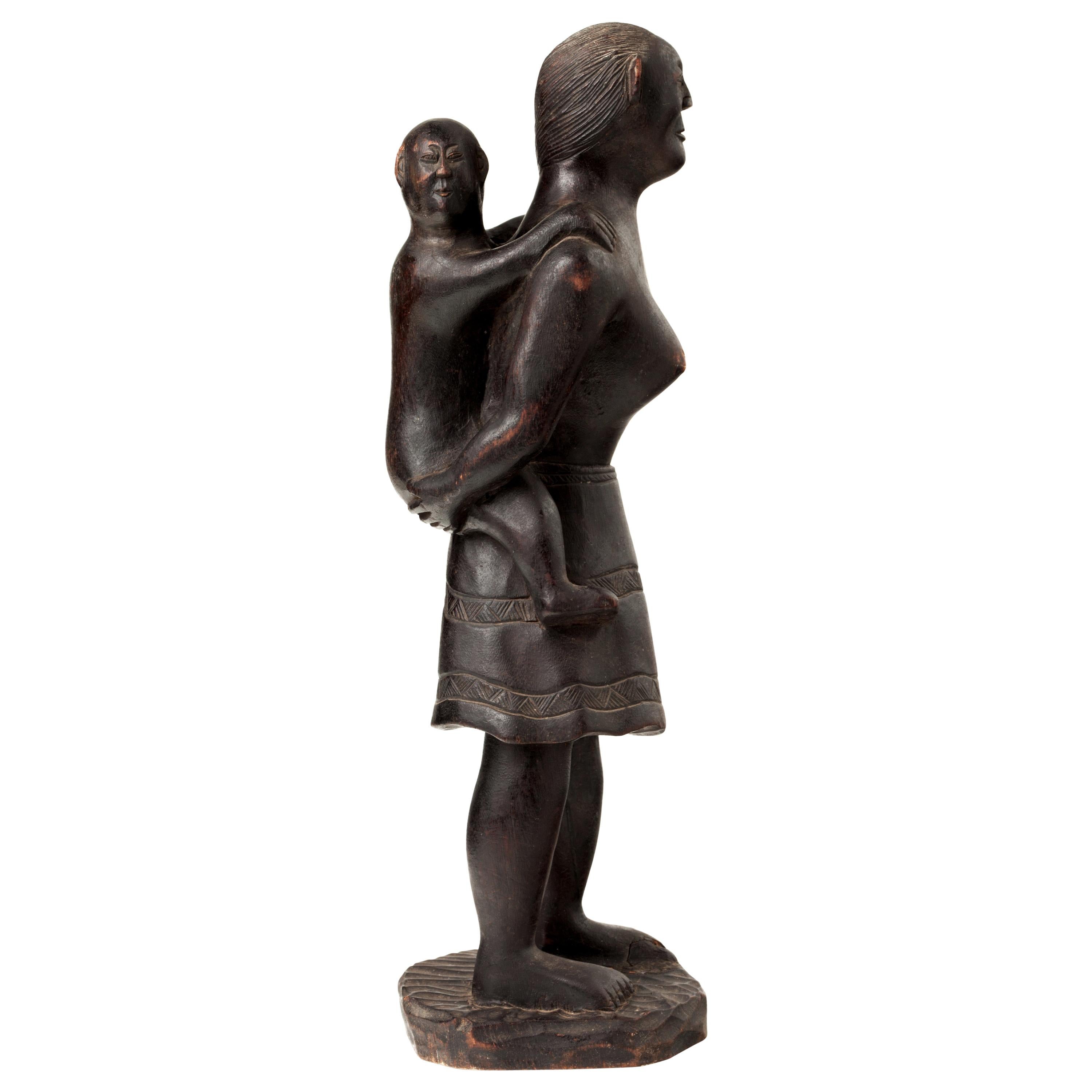 Oceanic Hand Carved Wooden Sculpture of a Mother and Child