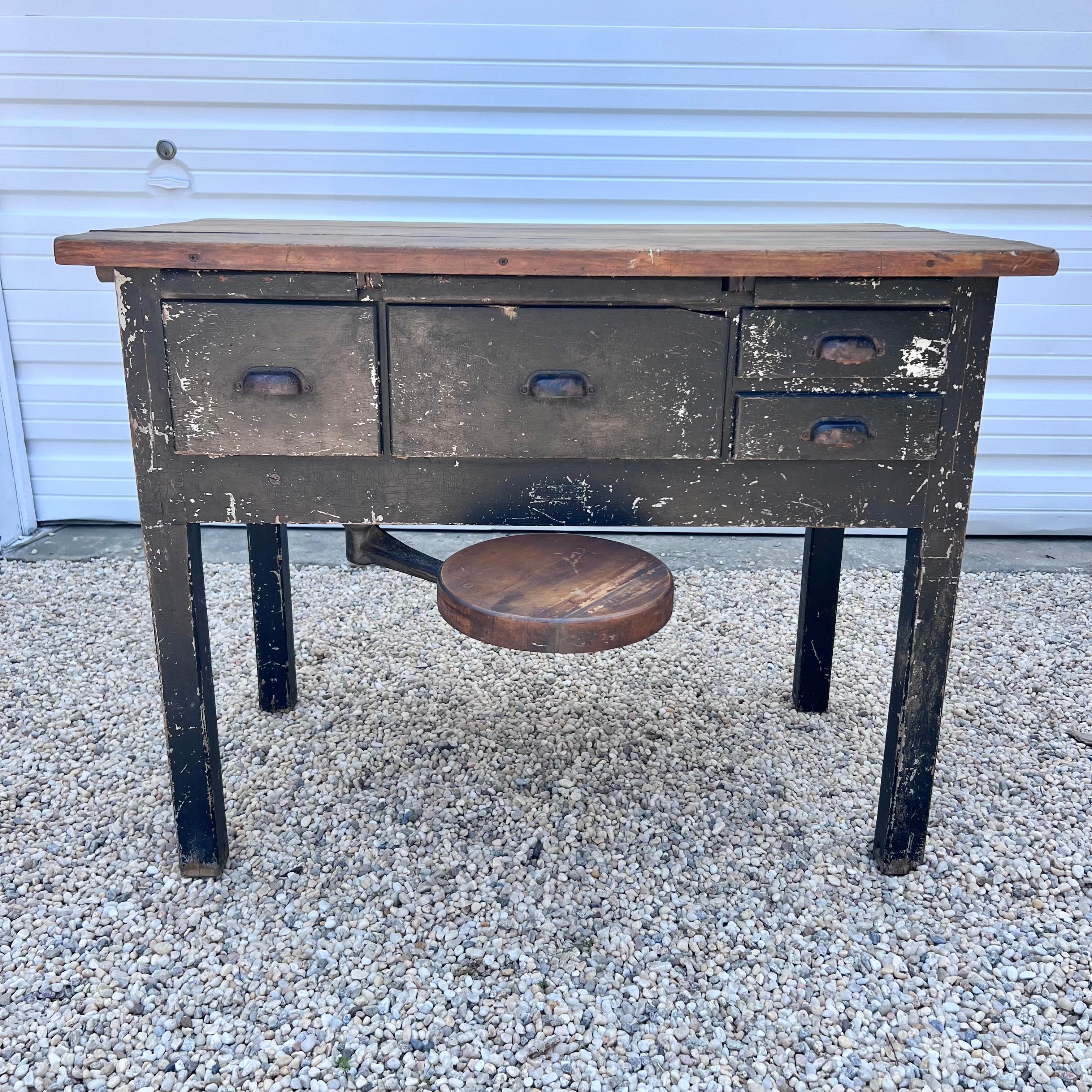 Mid-Century Modern Primitive Office Desk with Built in Stool, 1950s, USA For Sale