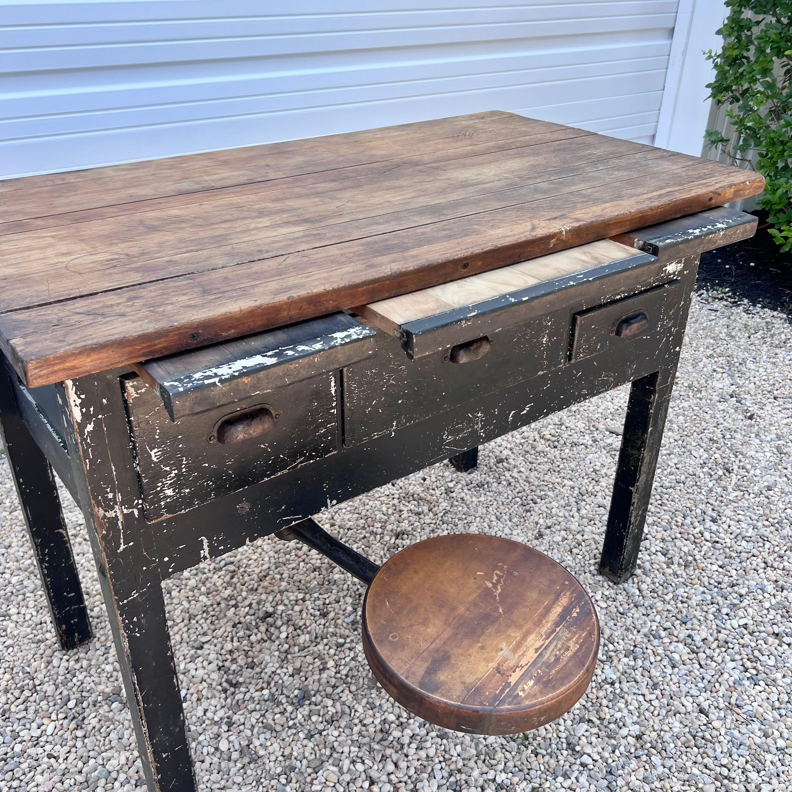 Wood Primitive Office Desk with Built in Stool, 1950s, USA For Sale