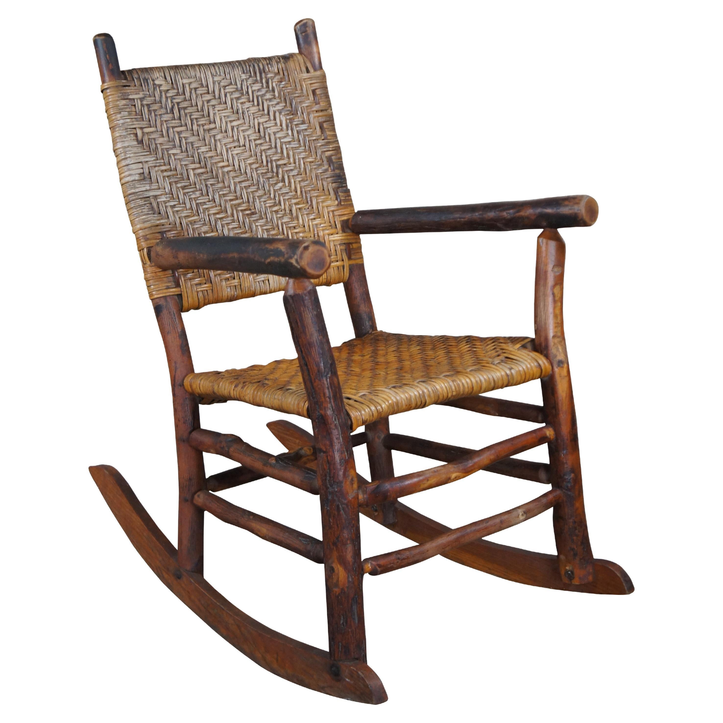 Primitive Old Handmade Hickory Rattan Woven Rocking Chair Adirondack Rocker