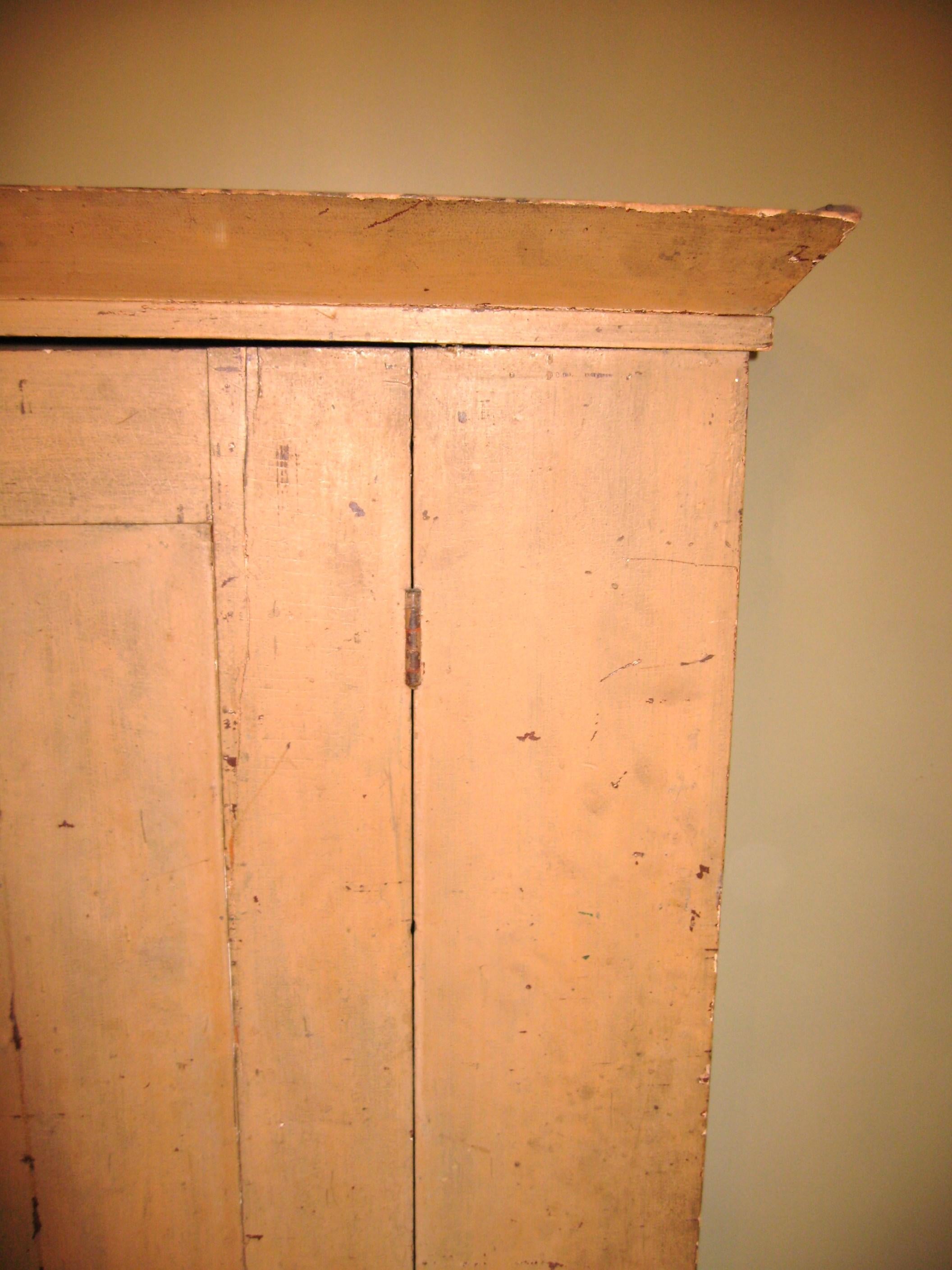 Hand-Crafted Primitive One Door Cupboard Wardrobe Pine Rustic Cabinet Mustard Painted For Sale