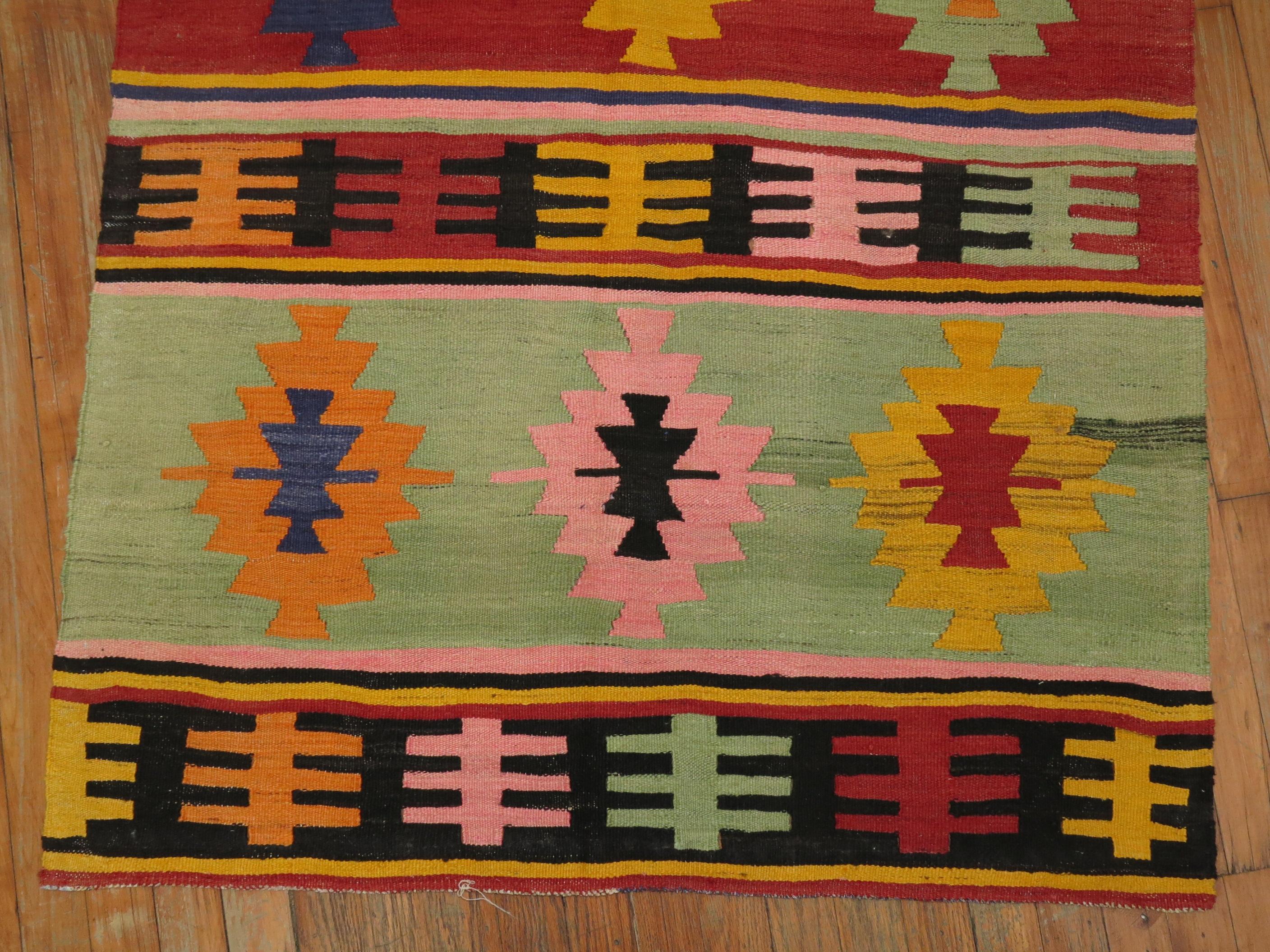 Primitive Orange Yellow Mint Pink Color 20th Century Turkish Kilim In Good Condition For Sale In New York, NY
